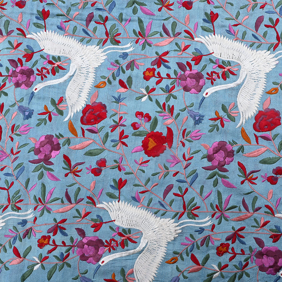 Moonstone Blue Dupion Raw Silk Embroidered Fabric