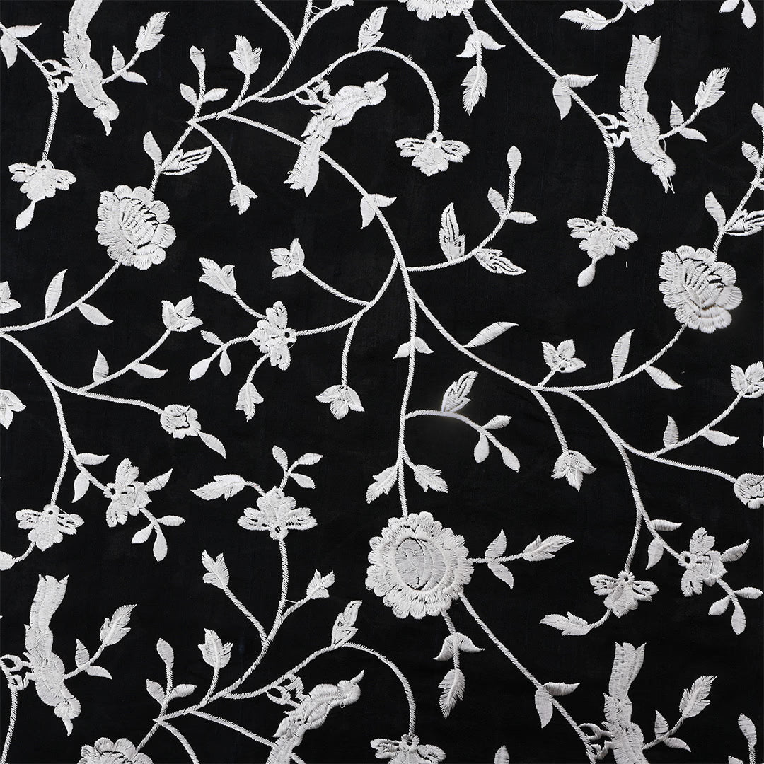 Black Dupion Raw Silk Embroidered Fabric