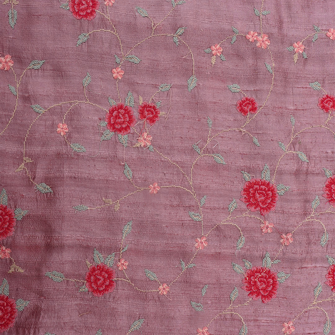 Dark Mauve Pink Dupion Raw Silk Petit Point Embroidered Fabric