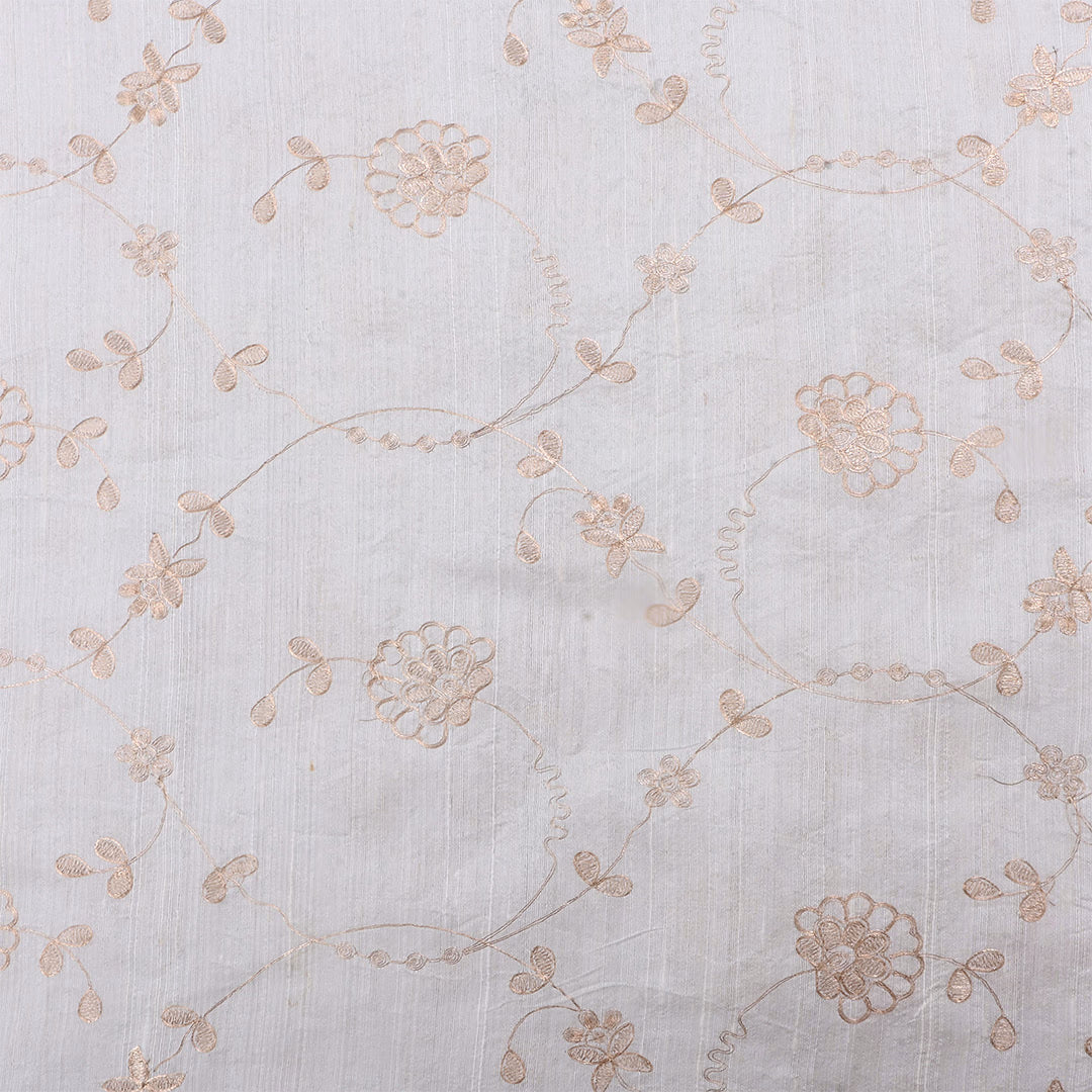 White Smoke Dupion Raw Silk Zari Embroidered Jaal Fabric