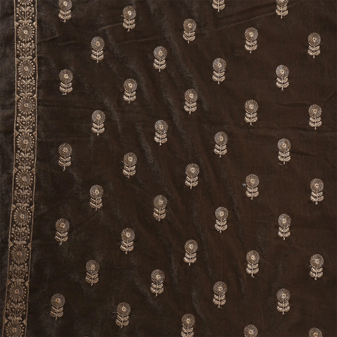 Wood Brown Velvet Zari Embroidered Fabric