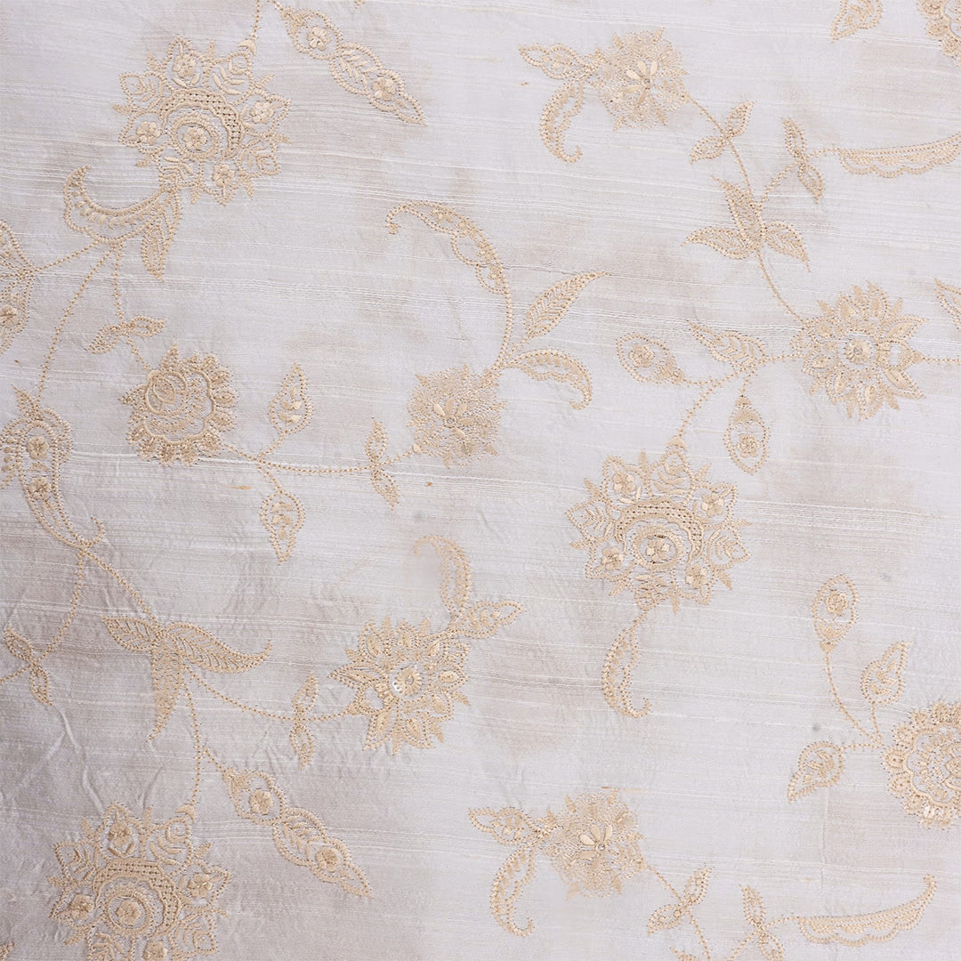 Paper White Dupion Raw Silk Embroidered Fabric
