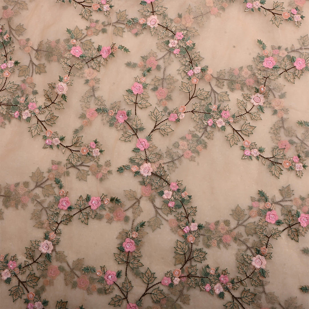 Dark Beige Organza Embroidered Fabric