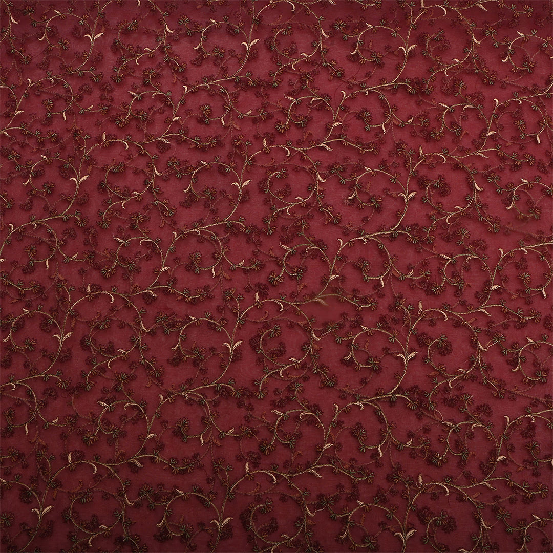 Aubergine Red Organza Thread Work Fabric