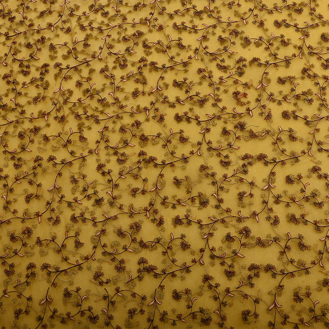 Old Yellow Organza Floral Jaal Thread Work Fabric