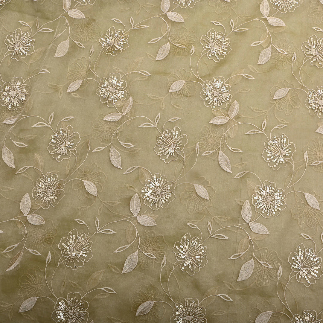 Light Moss Green Tissue Embroidered Fabric