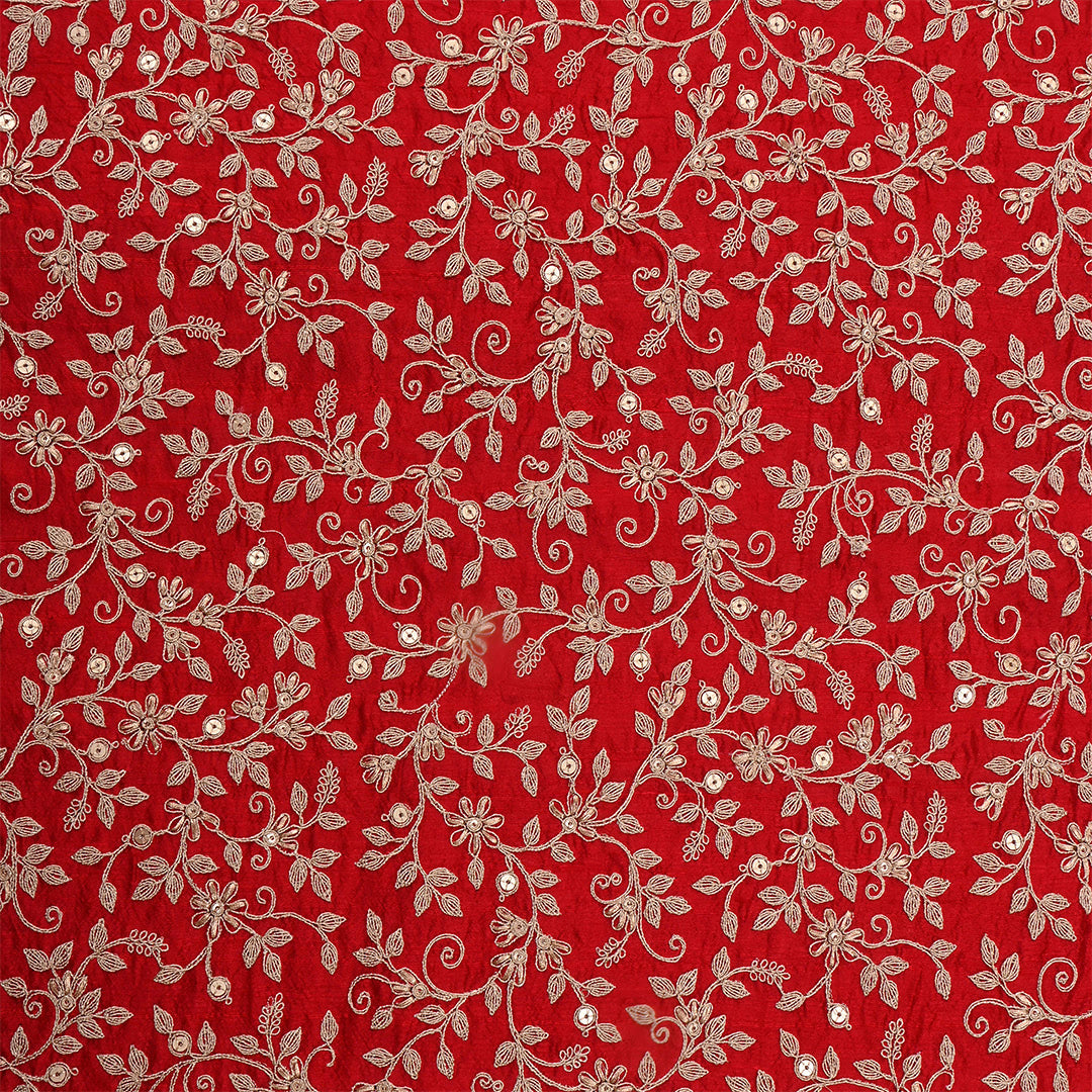 Milano Red Dupion Raw Silk Zari Embroidered Fabric