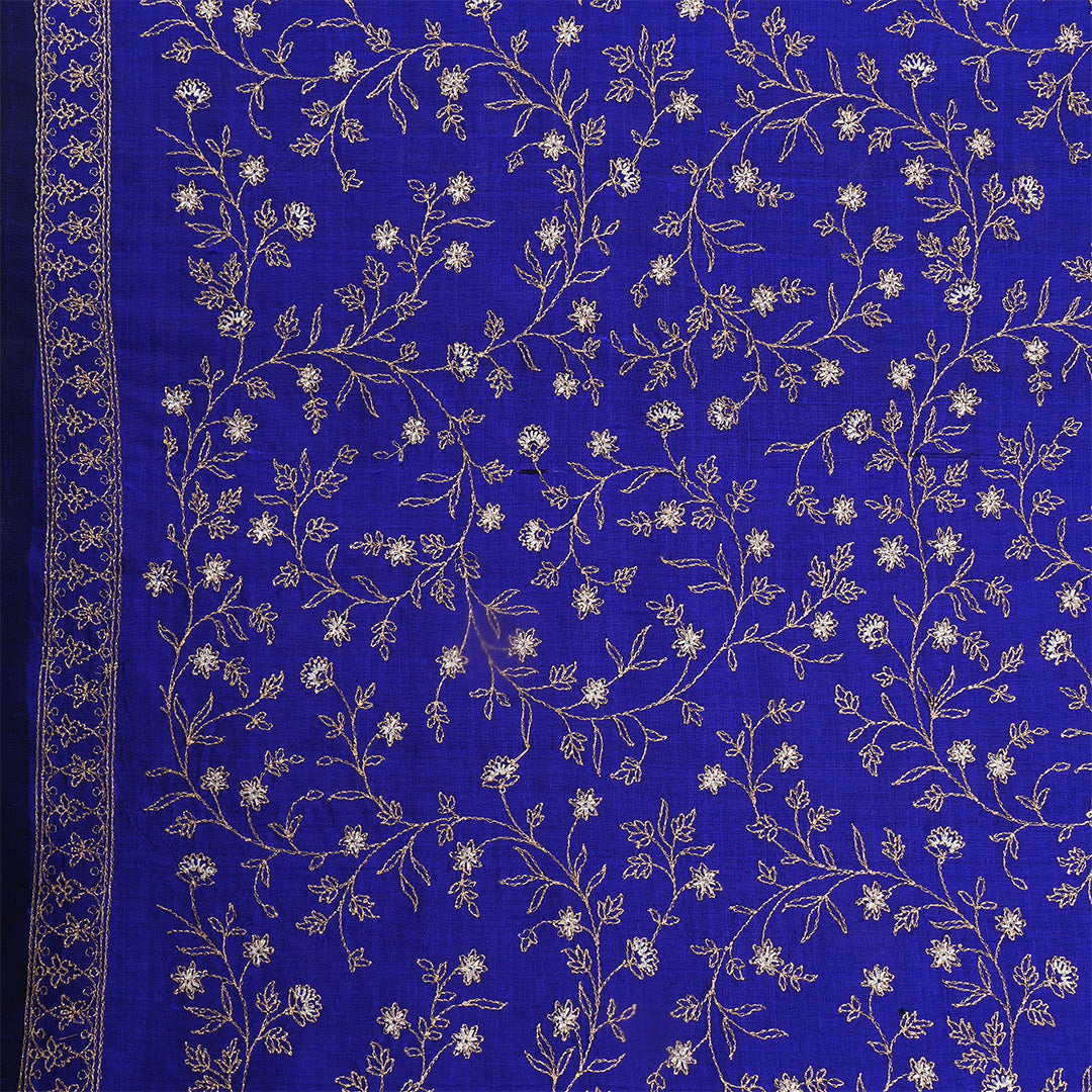 Dark Indigo Dupion Raw Silk Zari Embroidered Fabric