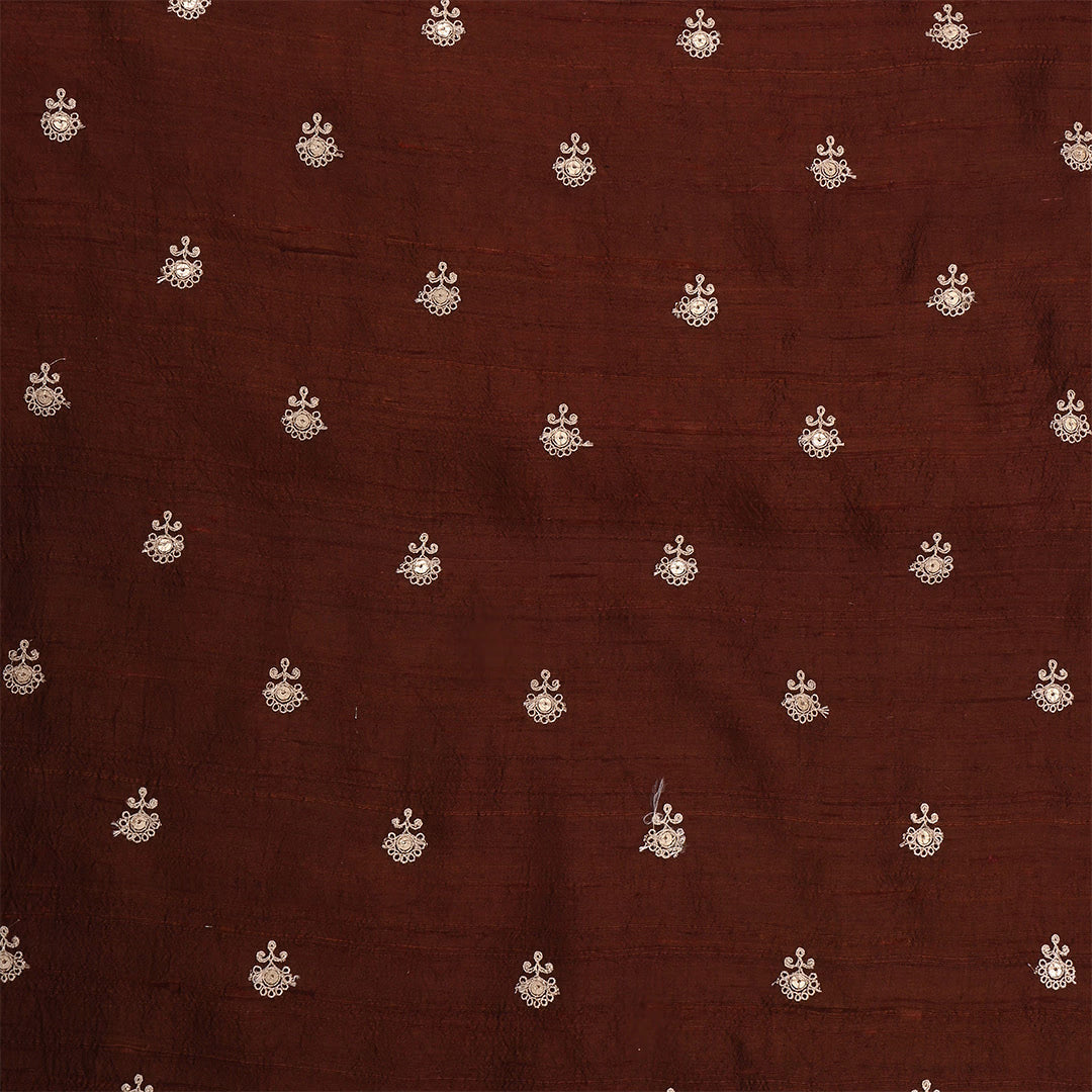 Dark Sienna Dupion Raw Silk Zari Embroidered Fabric