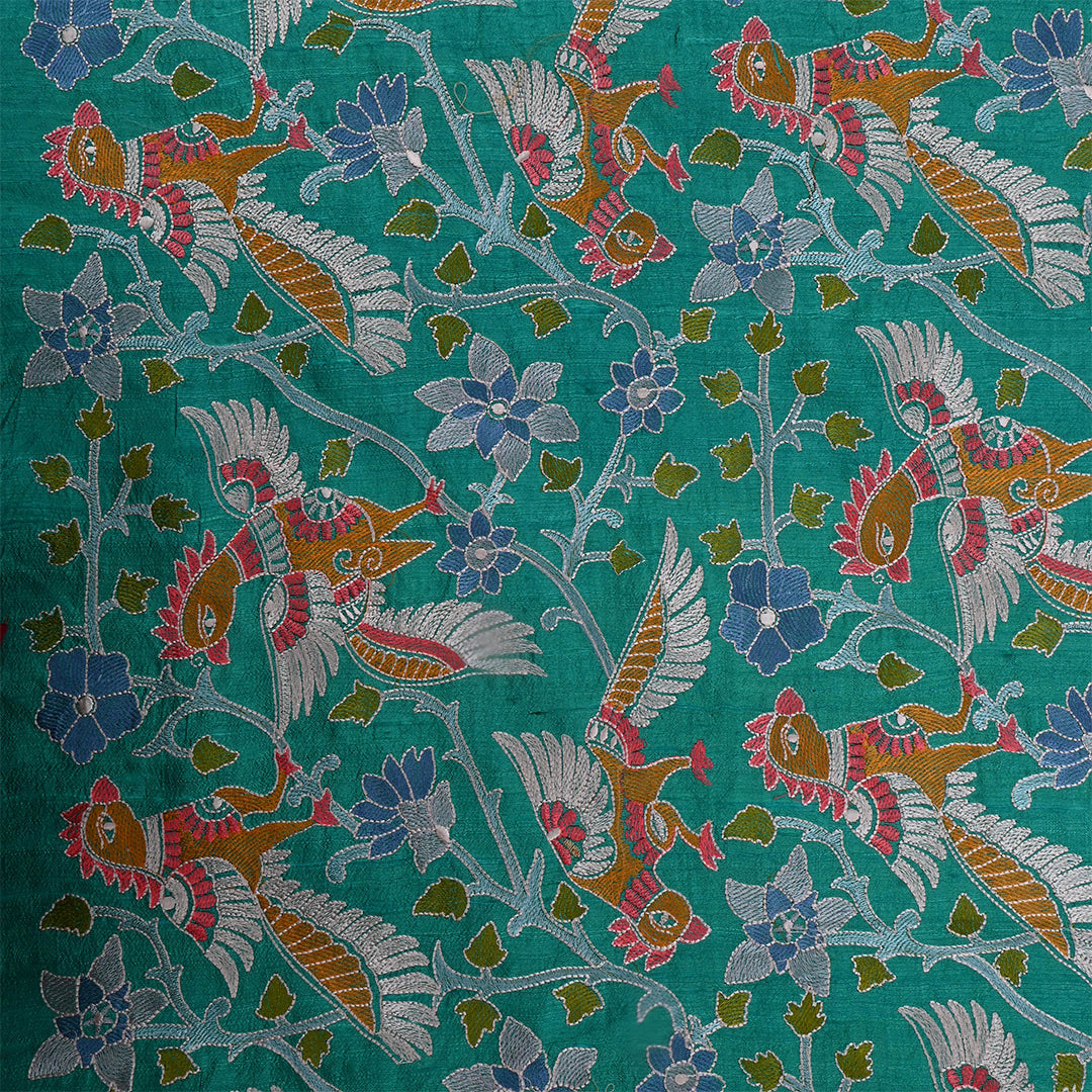 Dark Greenish Blue Dupion Raw Silk Embroidered Fabric