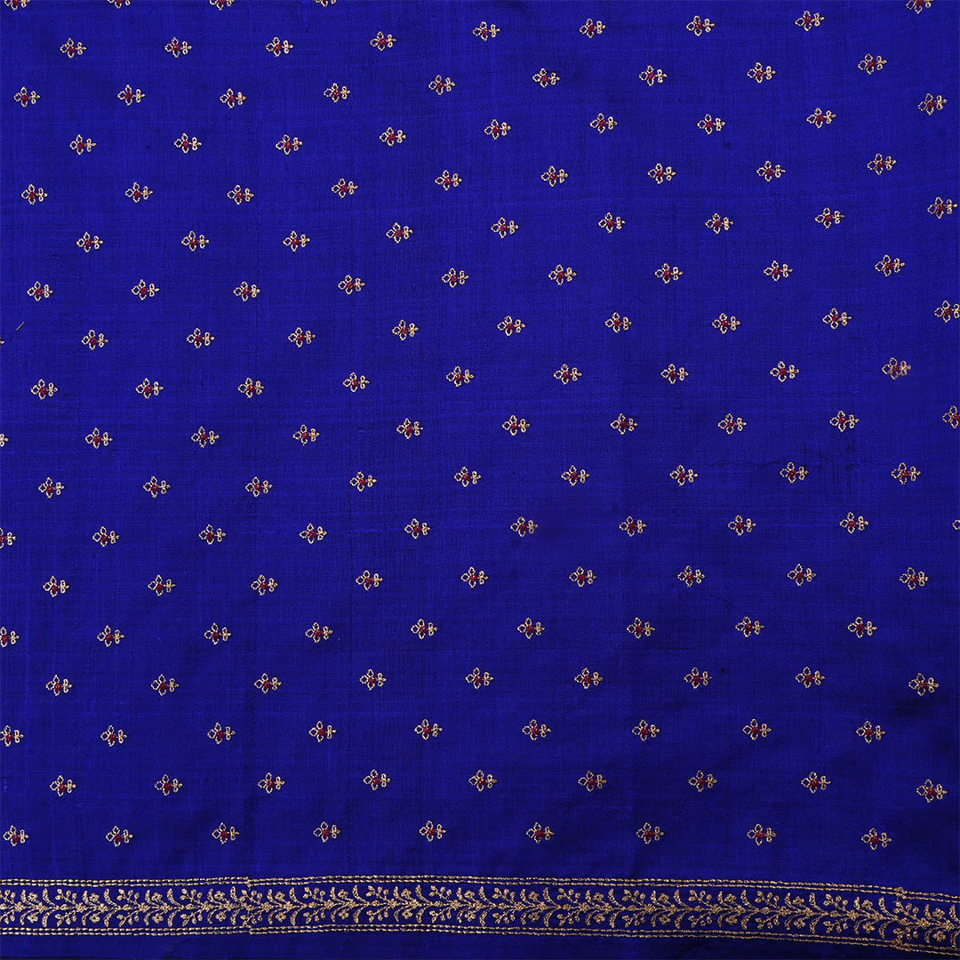 Dark Royal Blue Dupion Raw Silk Zari Embroidered Fabric