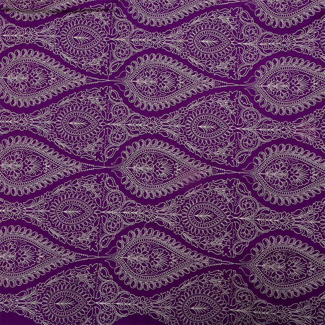 Deep Violet Moonga Tussar Embroidered Fabric