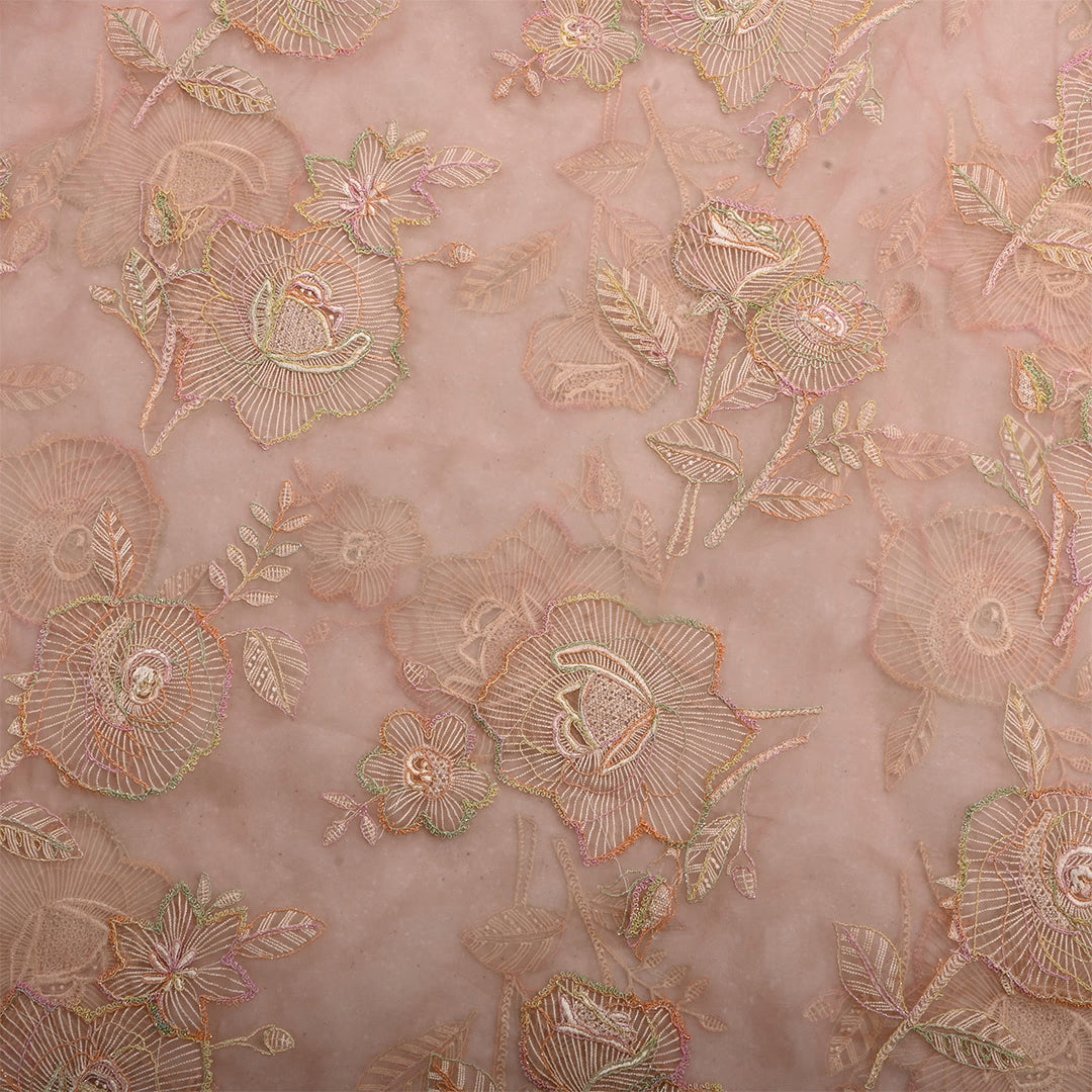 Apricot Peach Organza Embroidered Fabric