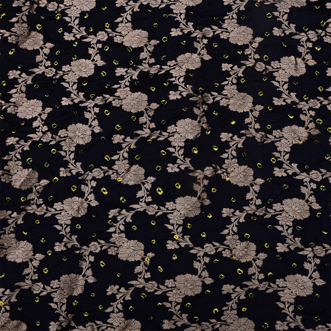 Black Silk Bandhani Fabric With Floral Jaal