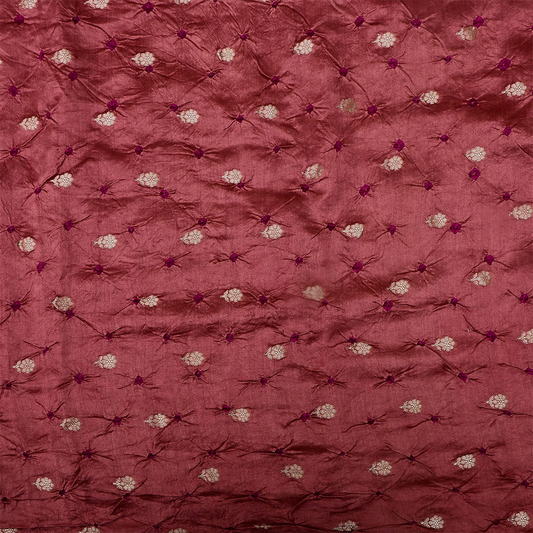 Wine Red Silk Bandhani Fabric With Floral Motifs