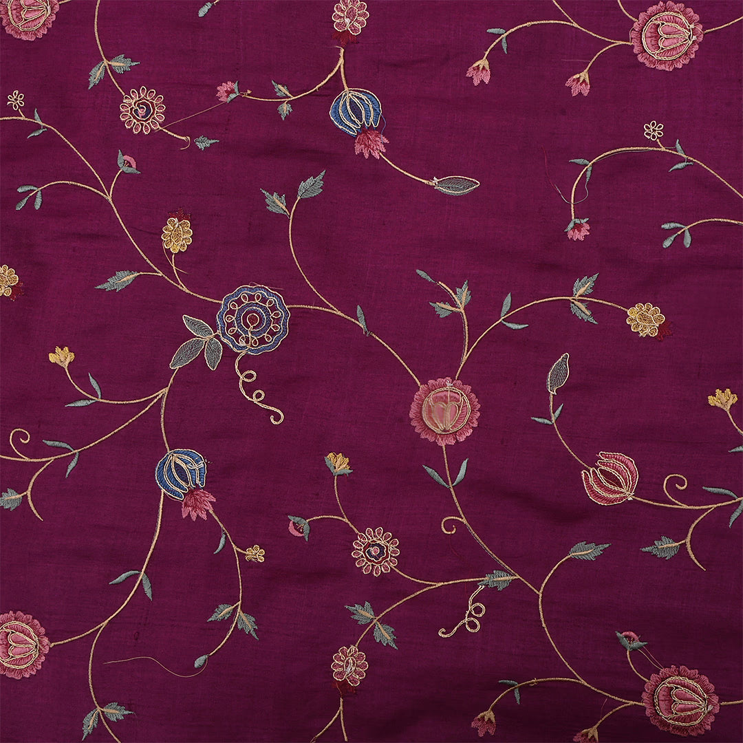 Wine Berry Tussar Embroidered Fabric