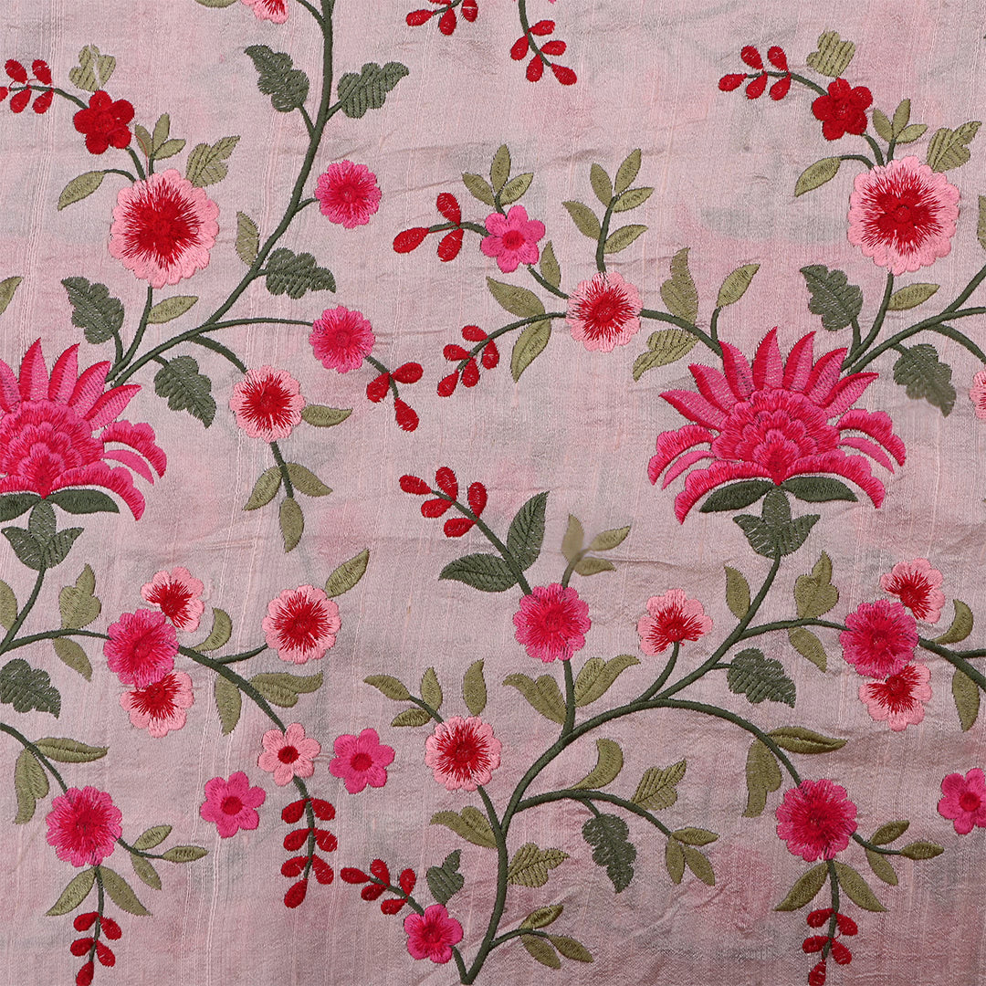 Pink Flare Dupion Raw Silk Embroidered Fabric