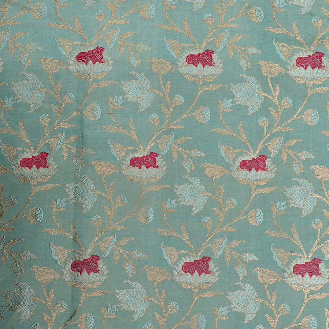 Greyish Teal Jamawar Satin Fabric With Floral Design