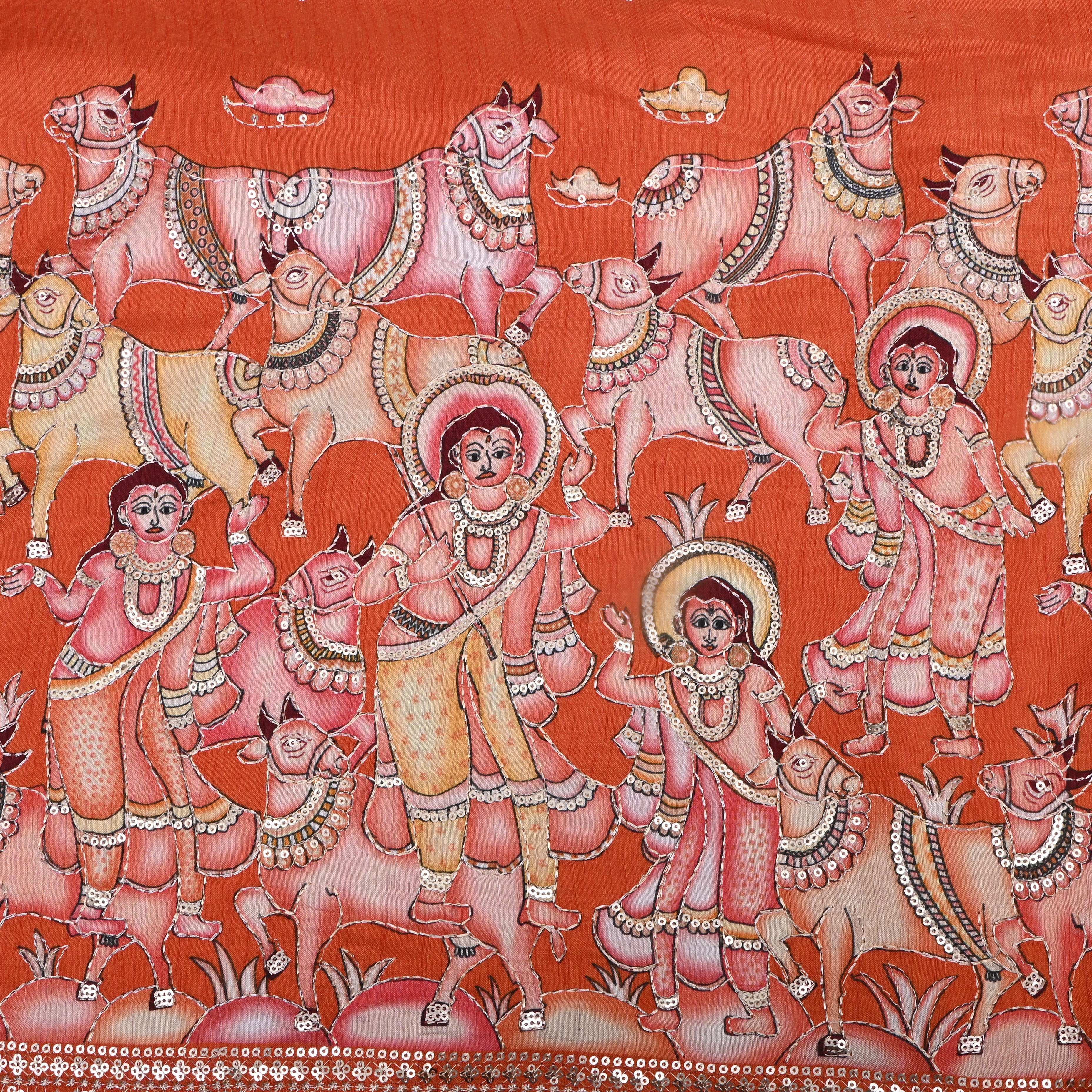 Reddish Orange Pichwai Printed Tissue Fabric