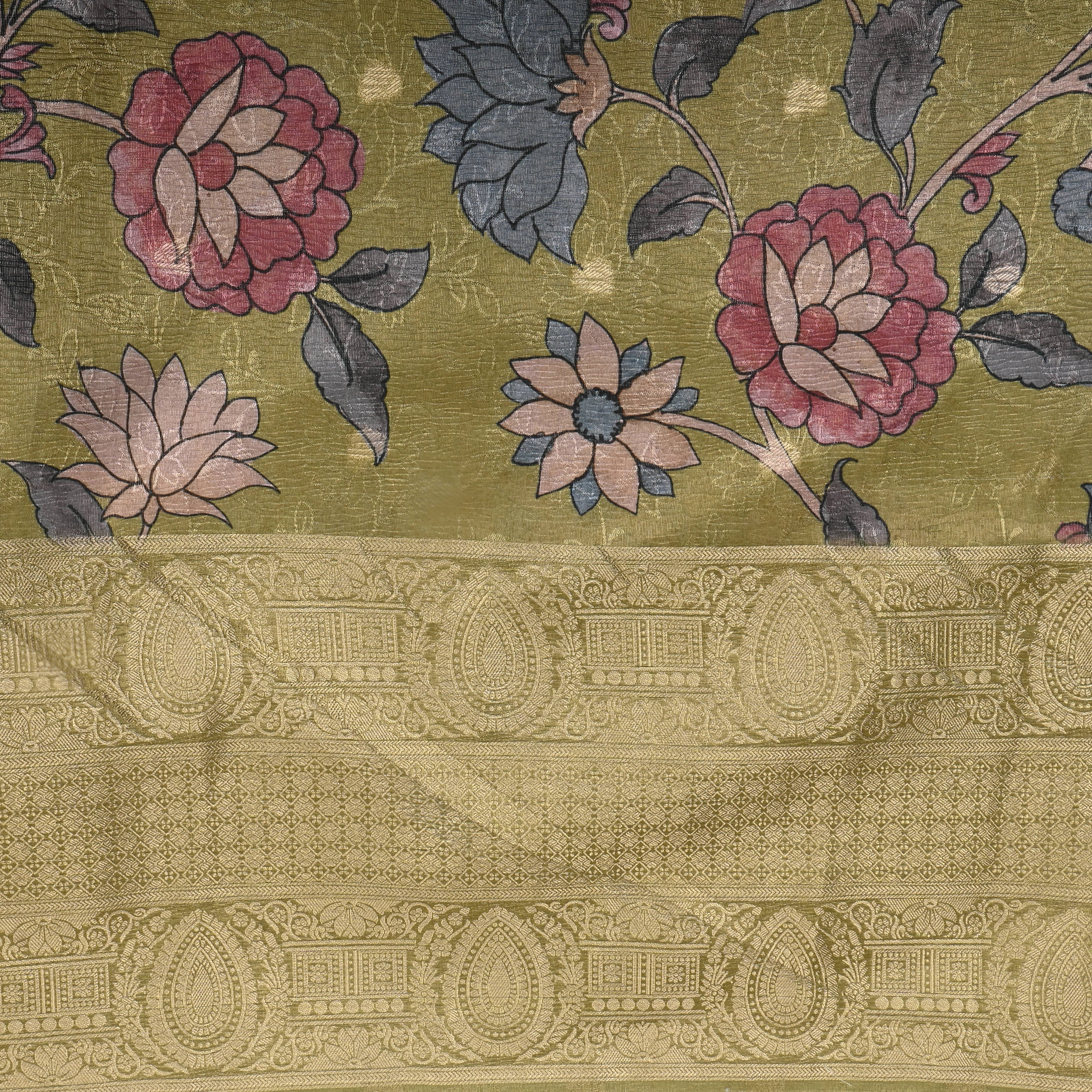 Dusty Green Floral Printed Tissue Fabric
