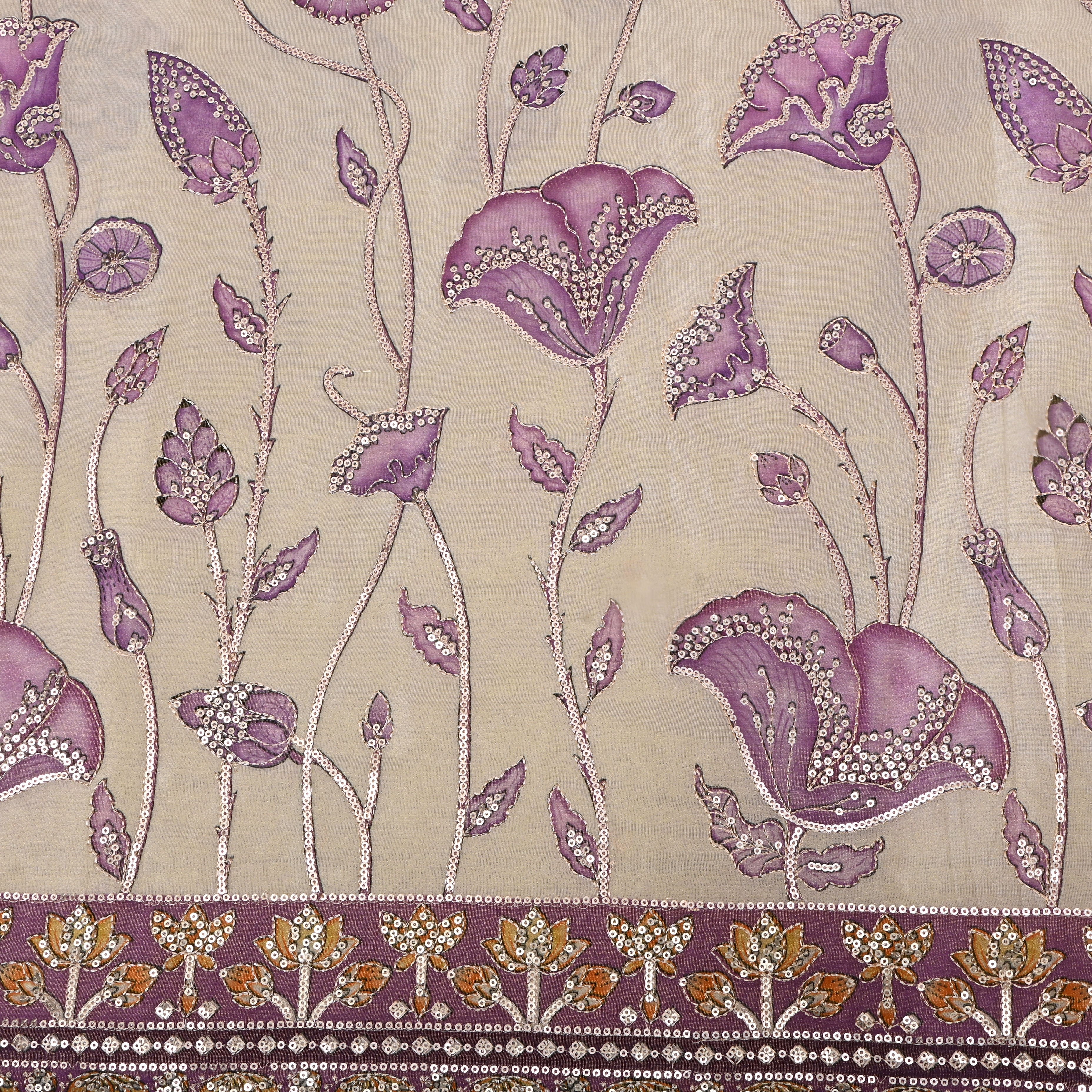 Khaki Beige Floral Printed Tissue Fabric