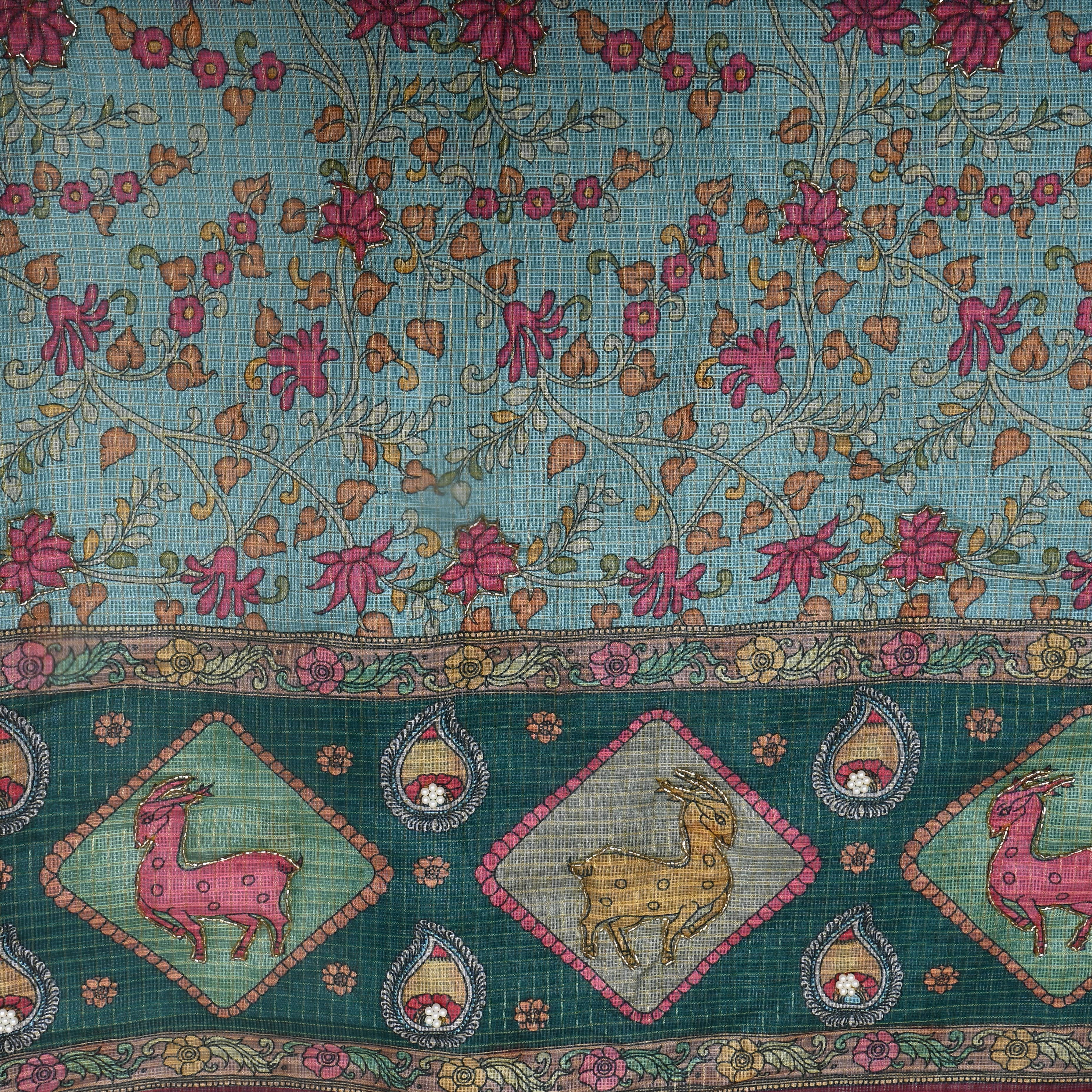 Turquoise Printed Kota Fabric