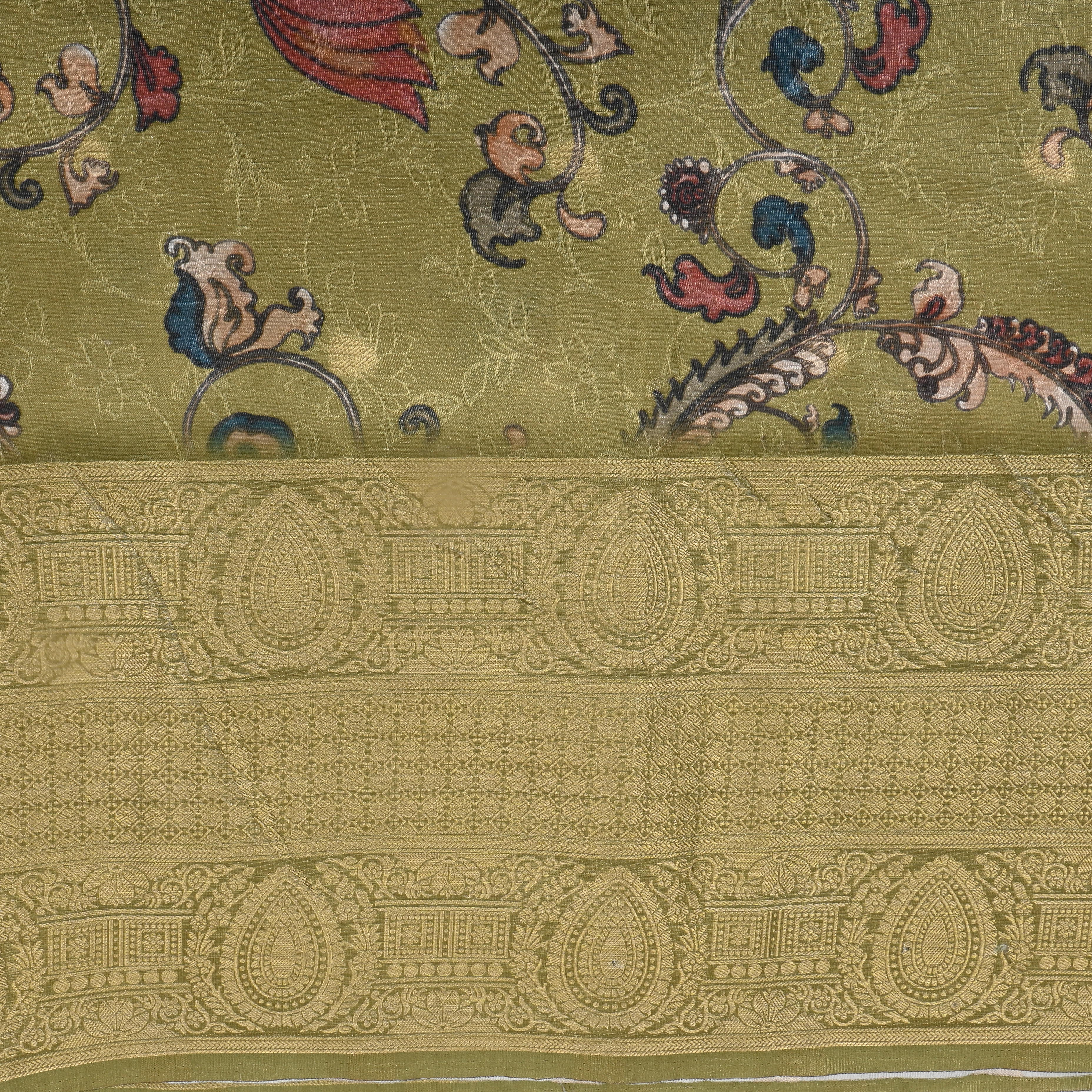 Golden Green Floral Printed Organza Fabric