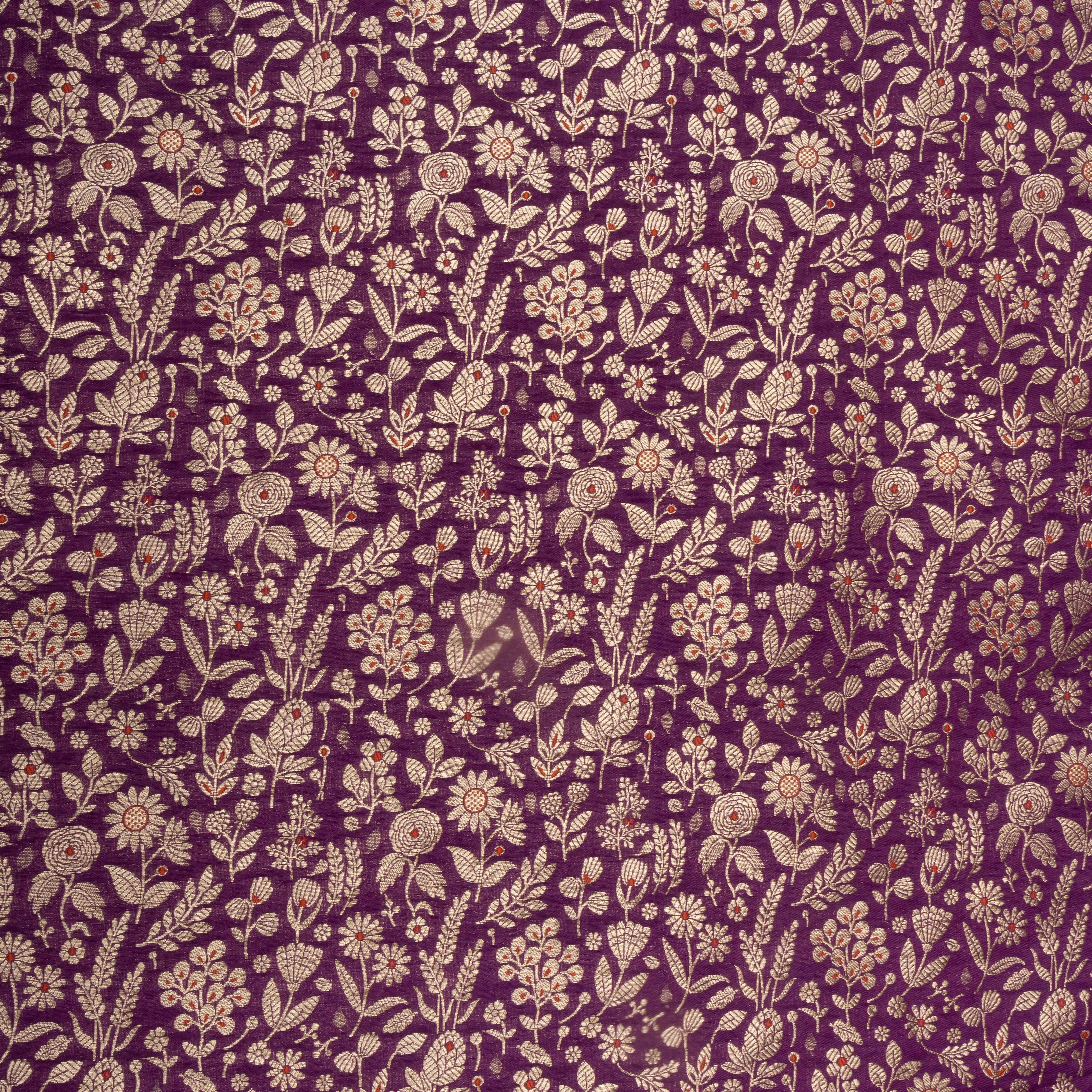 Purple Zari Woven Floral Jamawar Silk Fabric