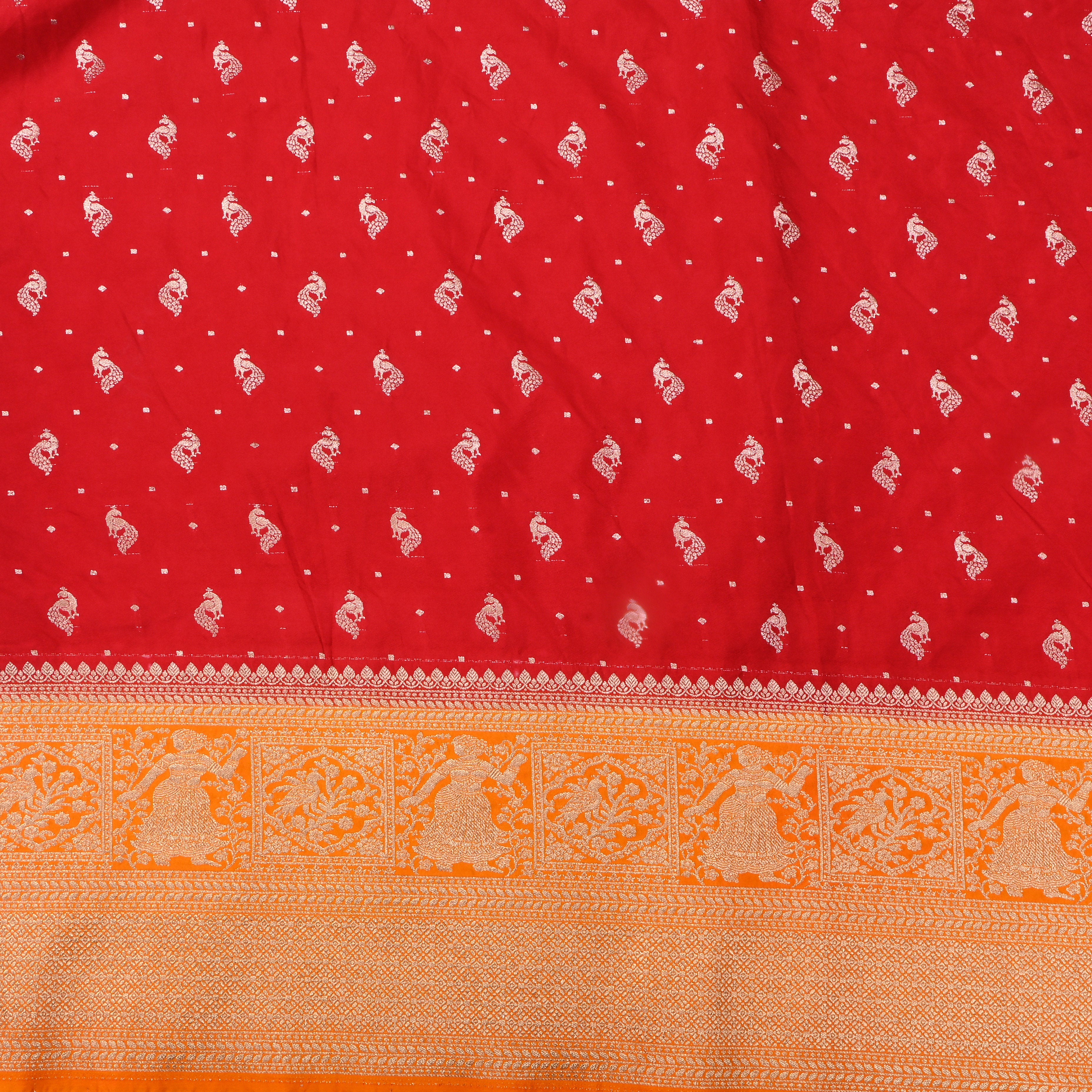 Red Peacock Butti Jamawar Silk Fabric