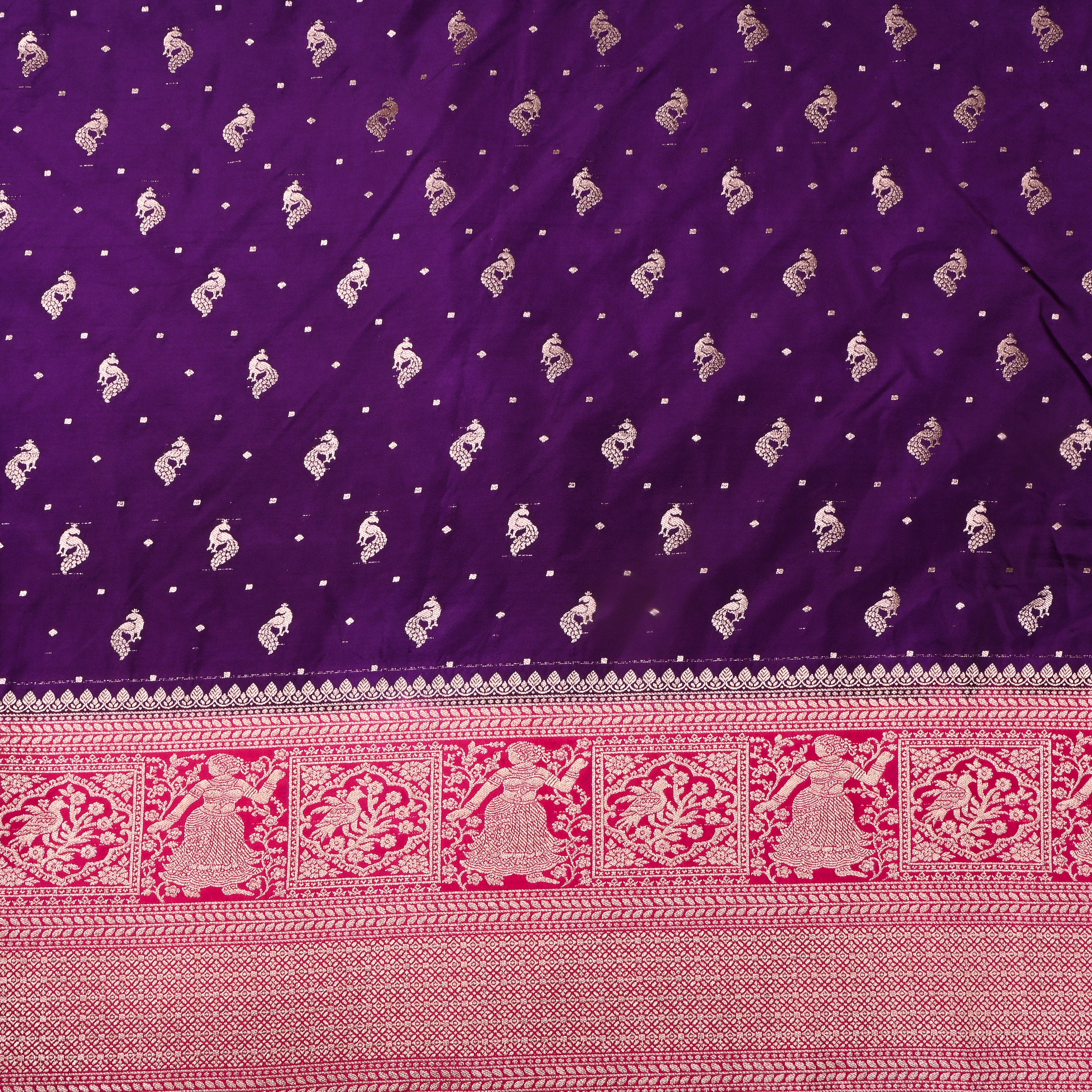 Dark Purple Peacock Butti Jamawar Silk Fabric