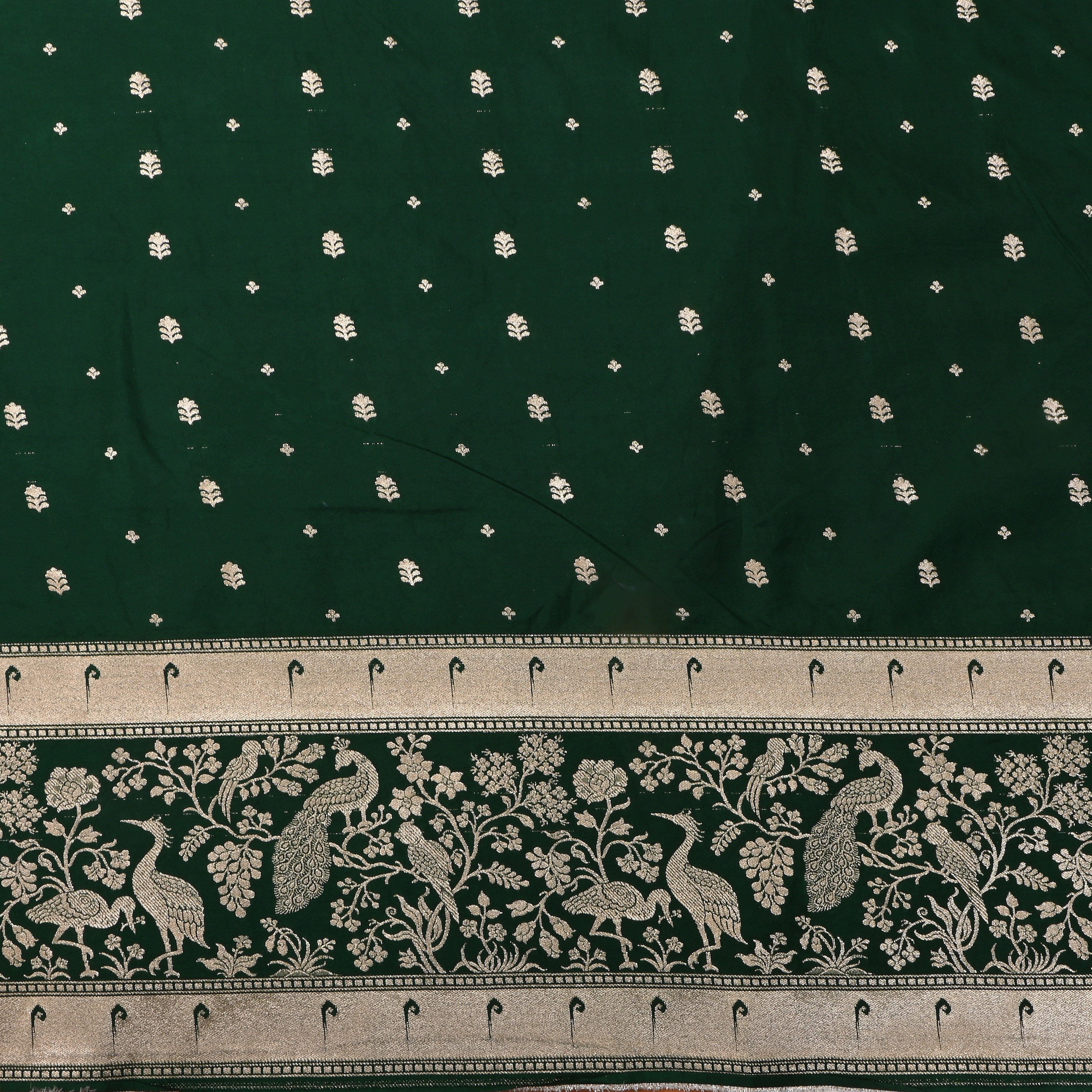 Bottle Green Floral Butti Jamawar Silk Fabric