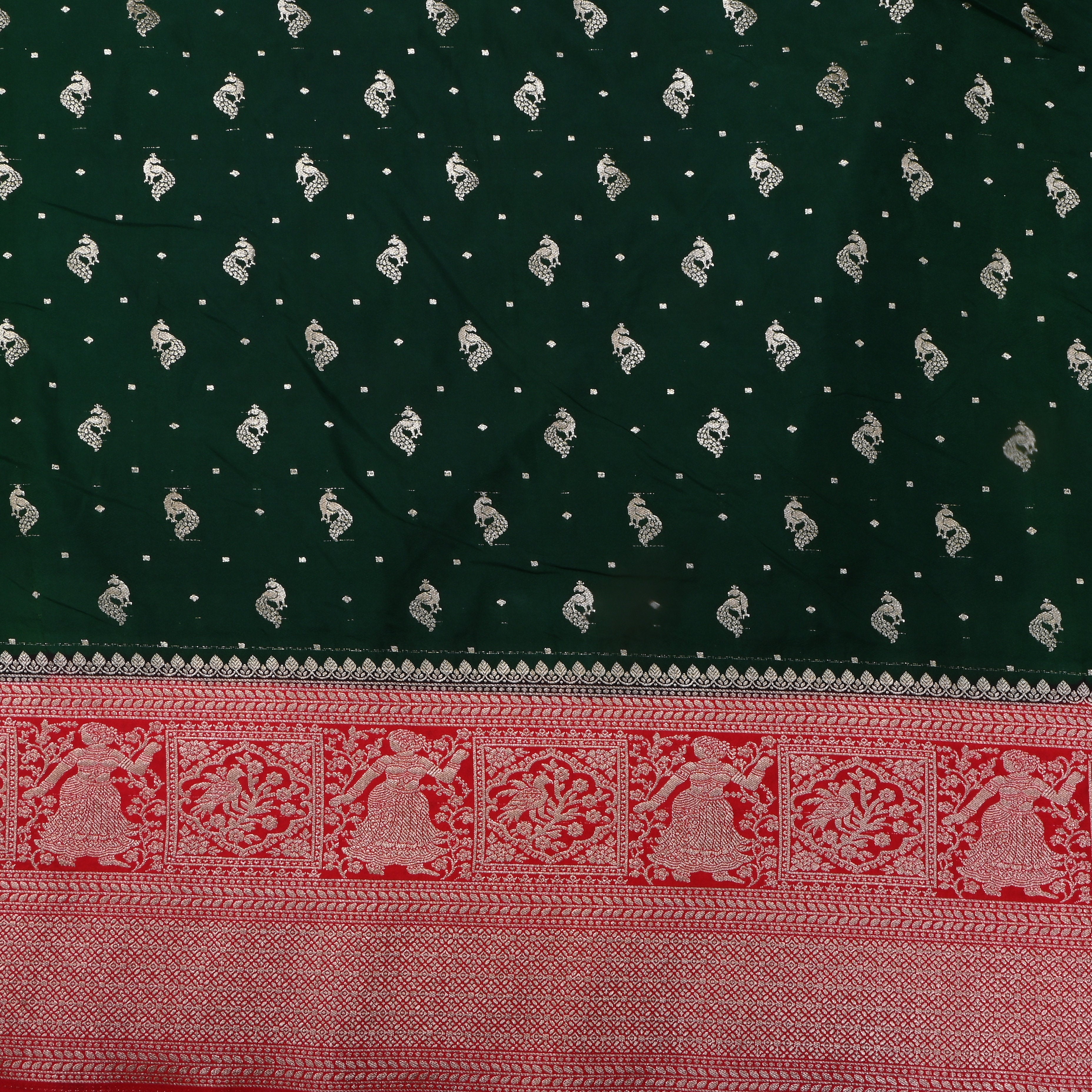 Dark Green Peacock Butti Jamawar Silk Fabric