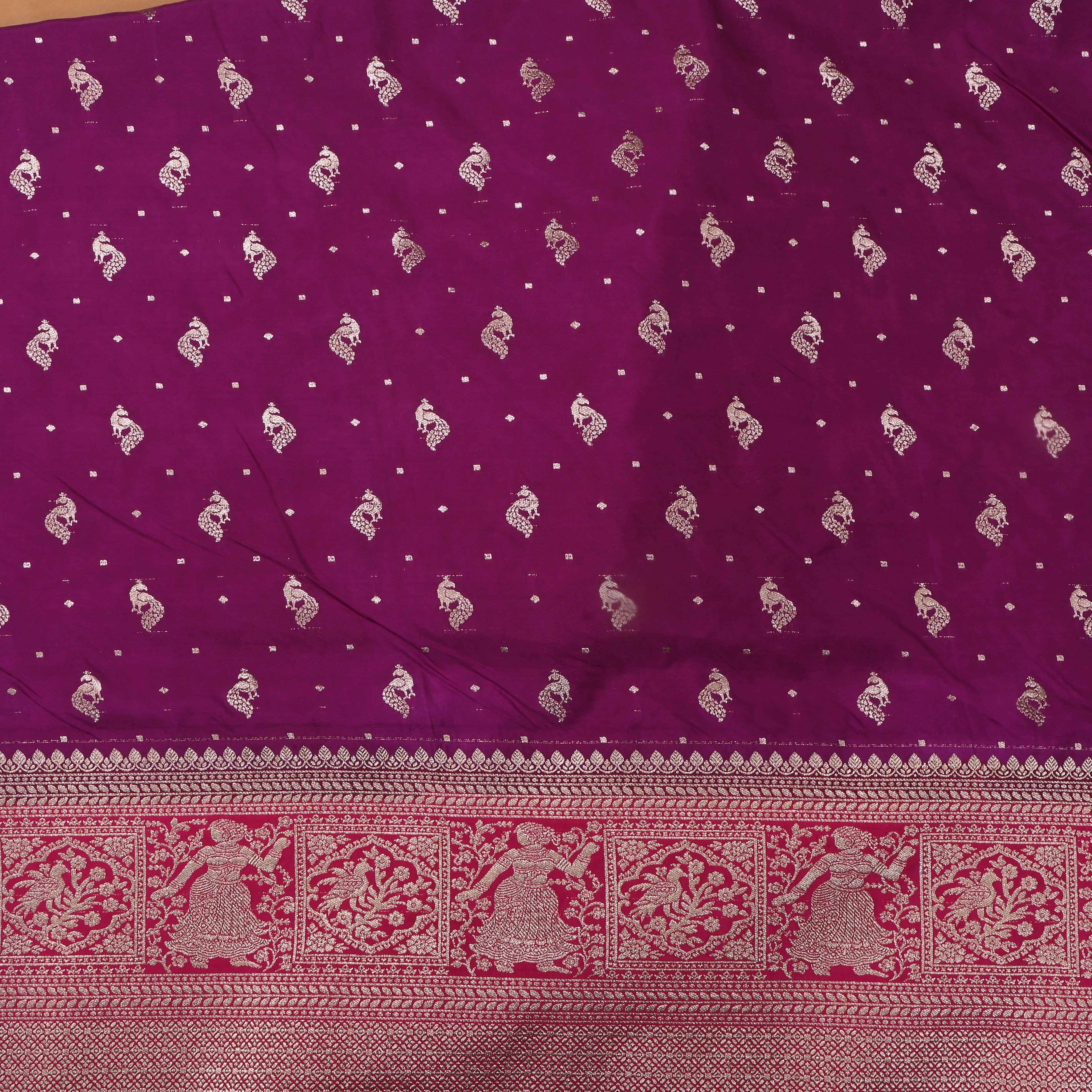 Plum Purple Peacock Butti Jamawar Silk Fabric