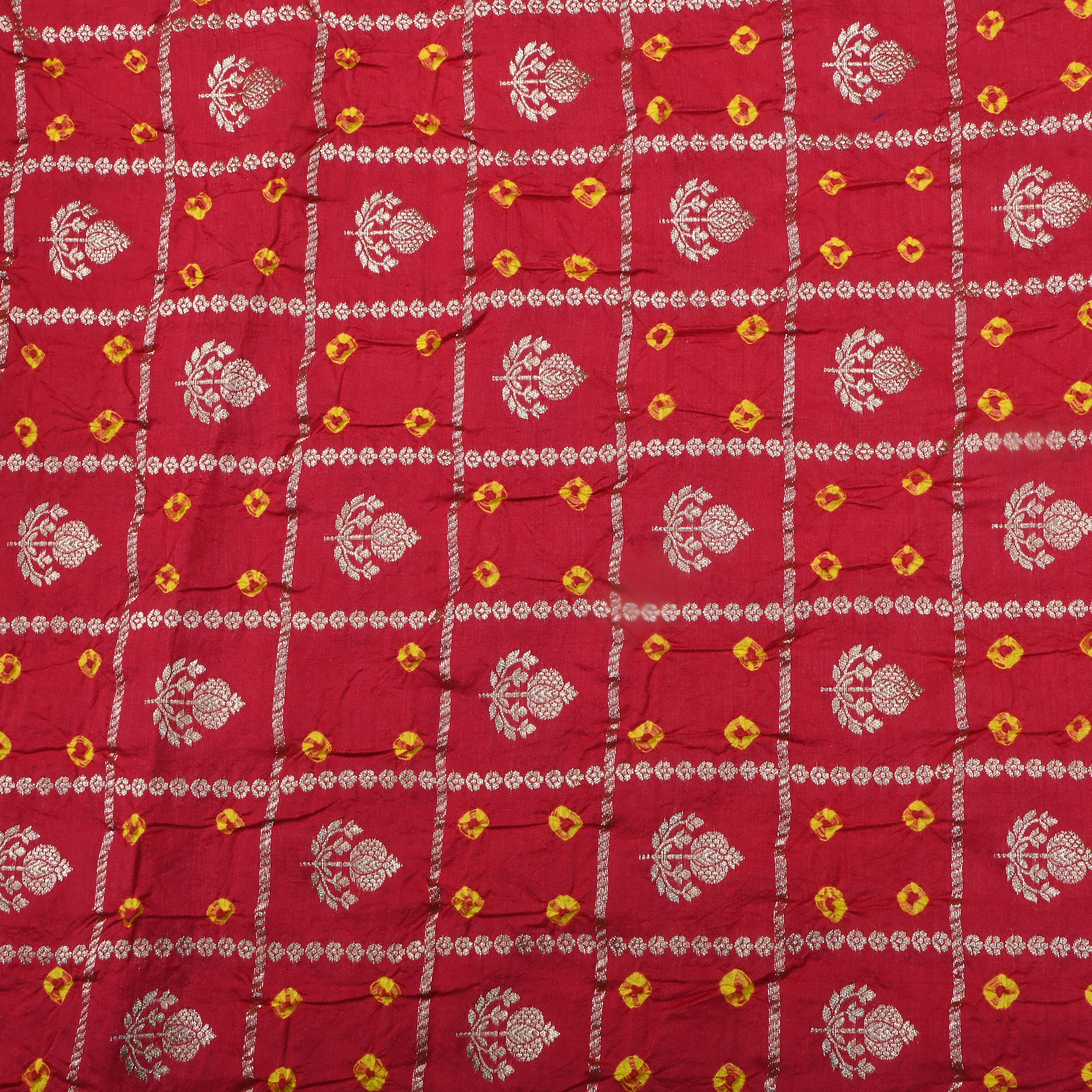 Bright Red Zari Woven Silk Bandhani Fabric