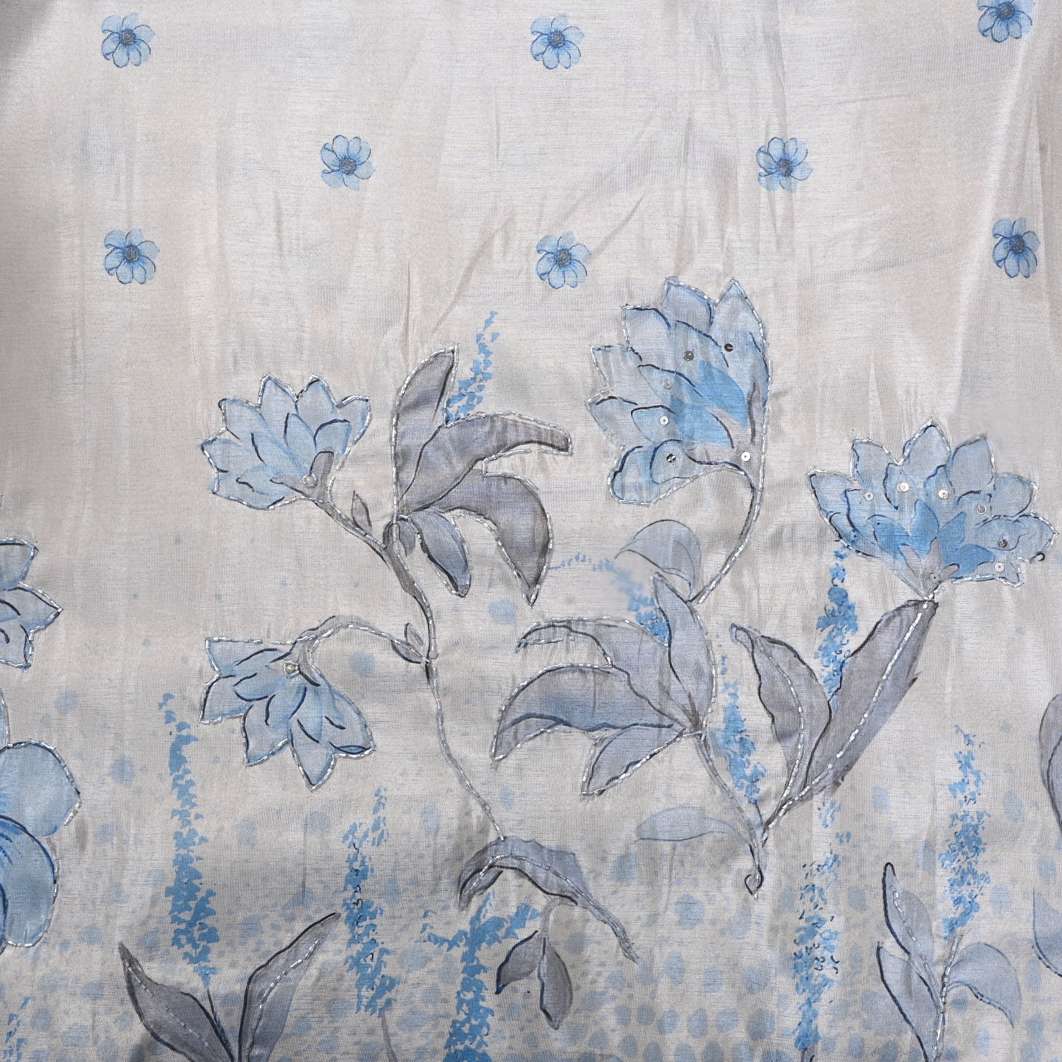 White And Blue Floral Printed Tissue Fabric