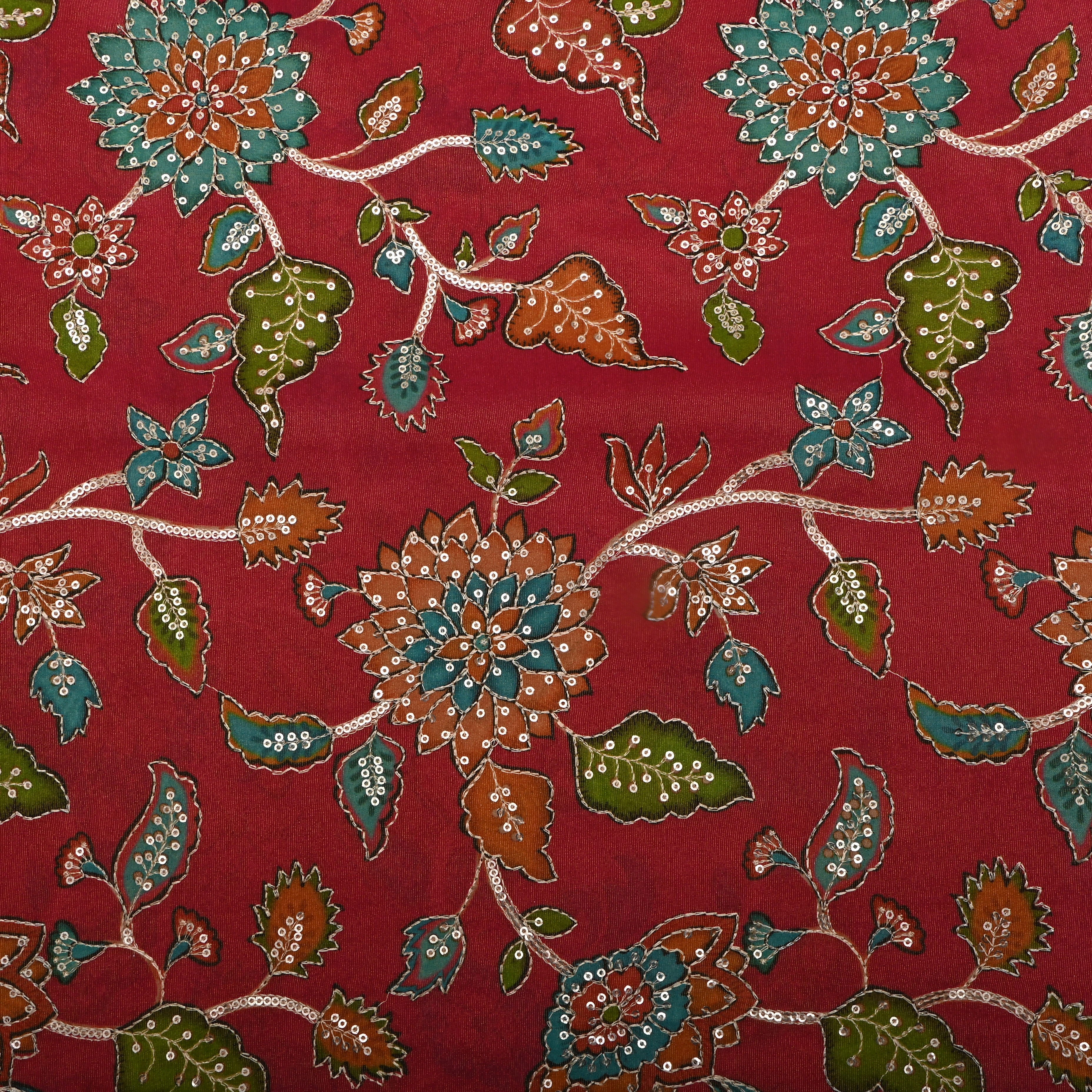 Crimson Red Sequin Embroidered Tissue Fabric