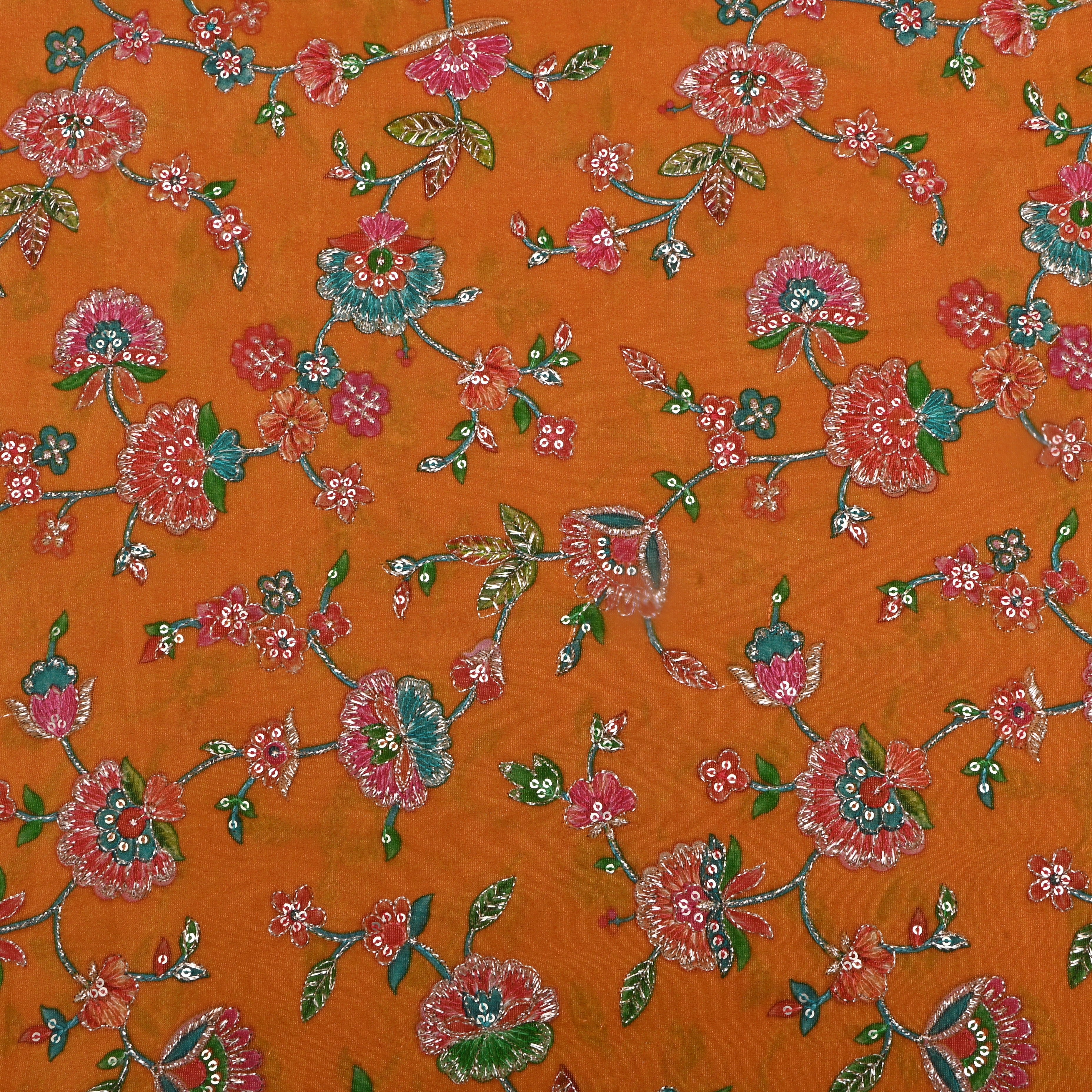 Orange Sequin Embroidered Tissue Fabric