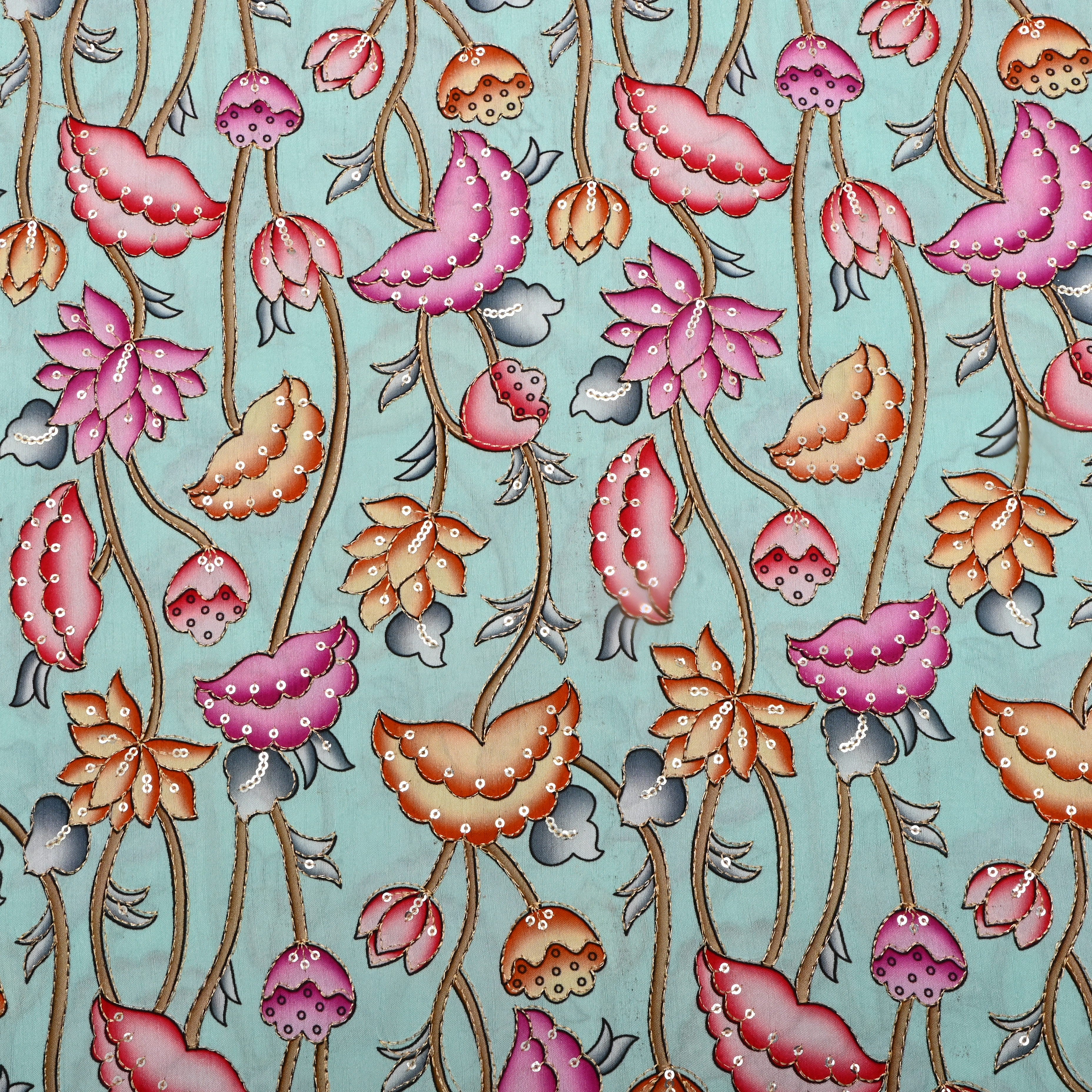 Pastel Blue Floral Printed Silk Fabric