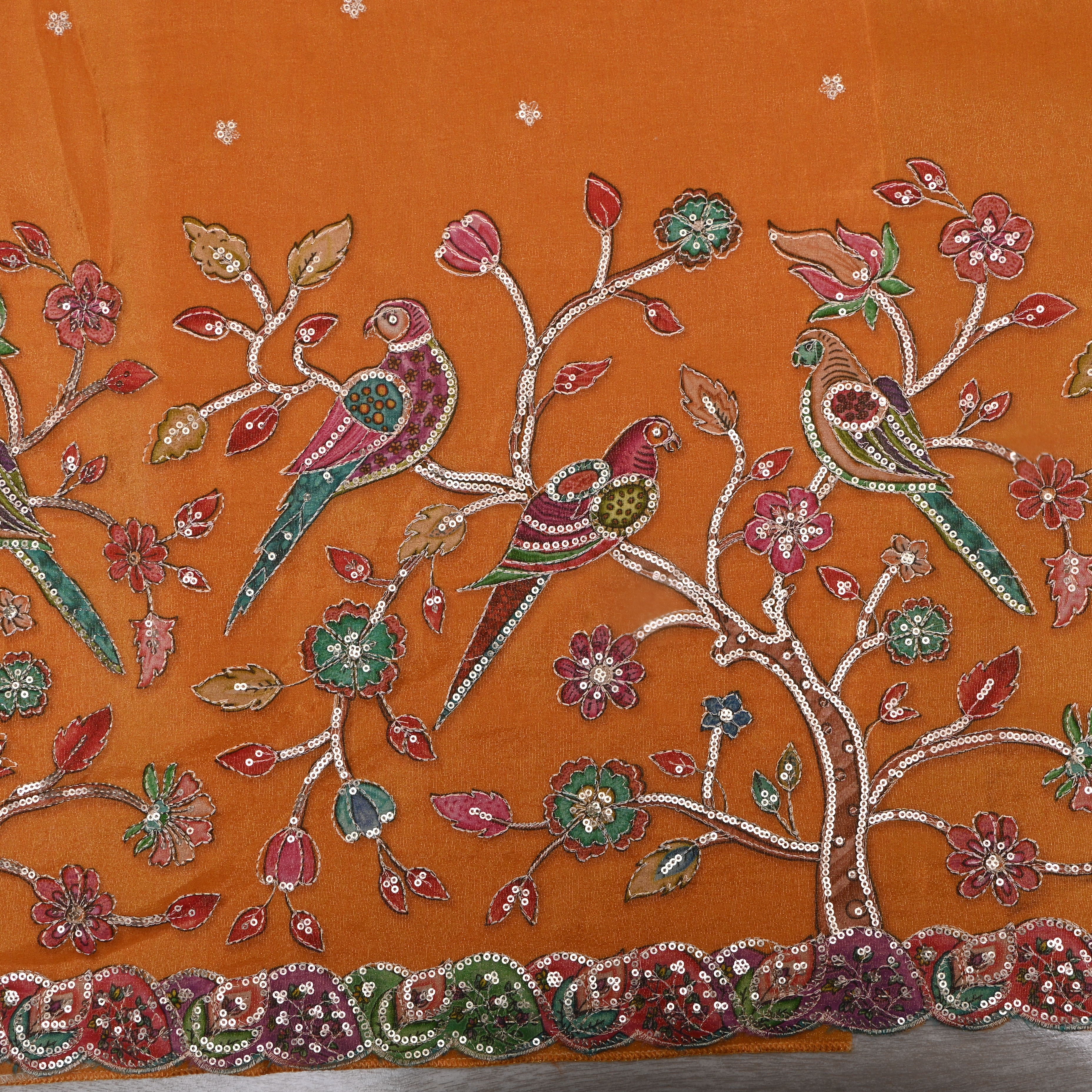 Bright Orange Kalamkari Printed Tissue Fabric