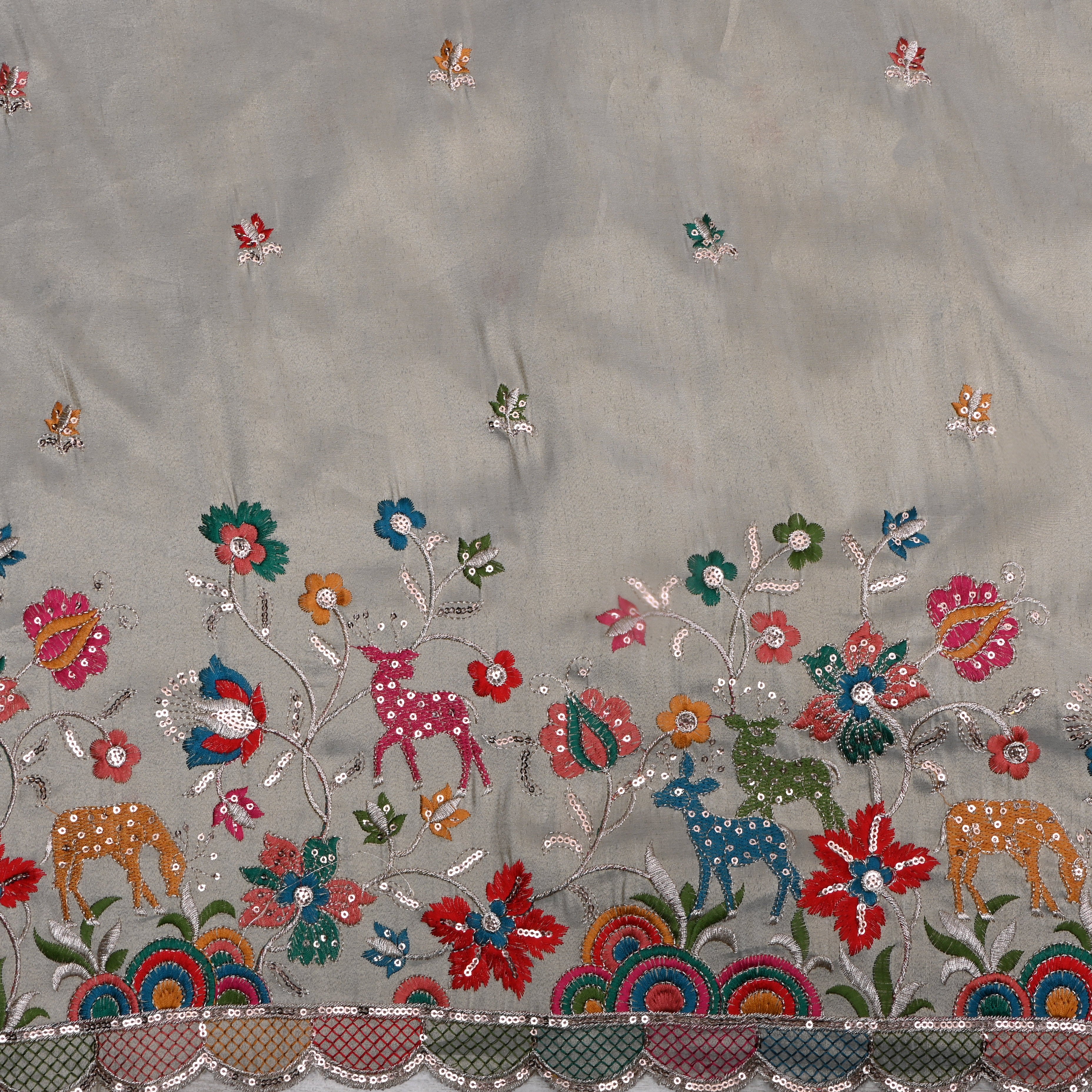 Light Gray Thread Embroidered Tissue Fabric