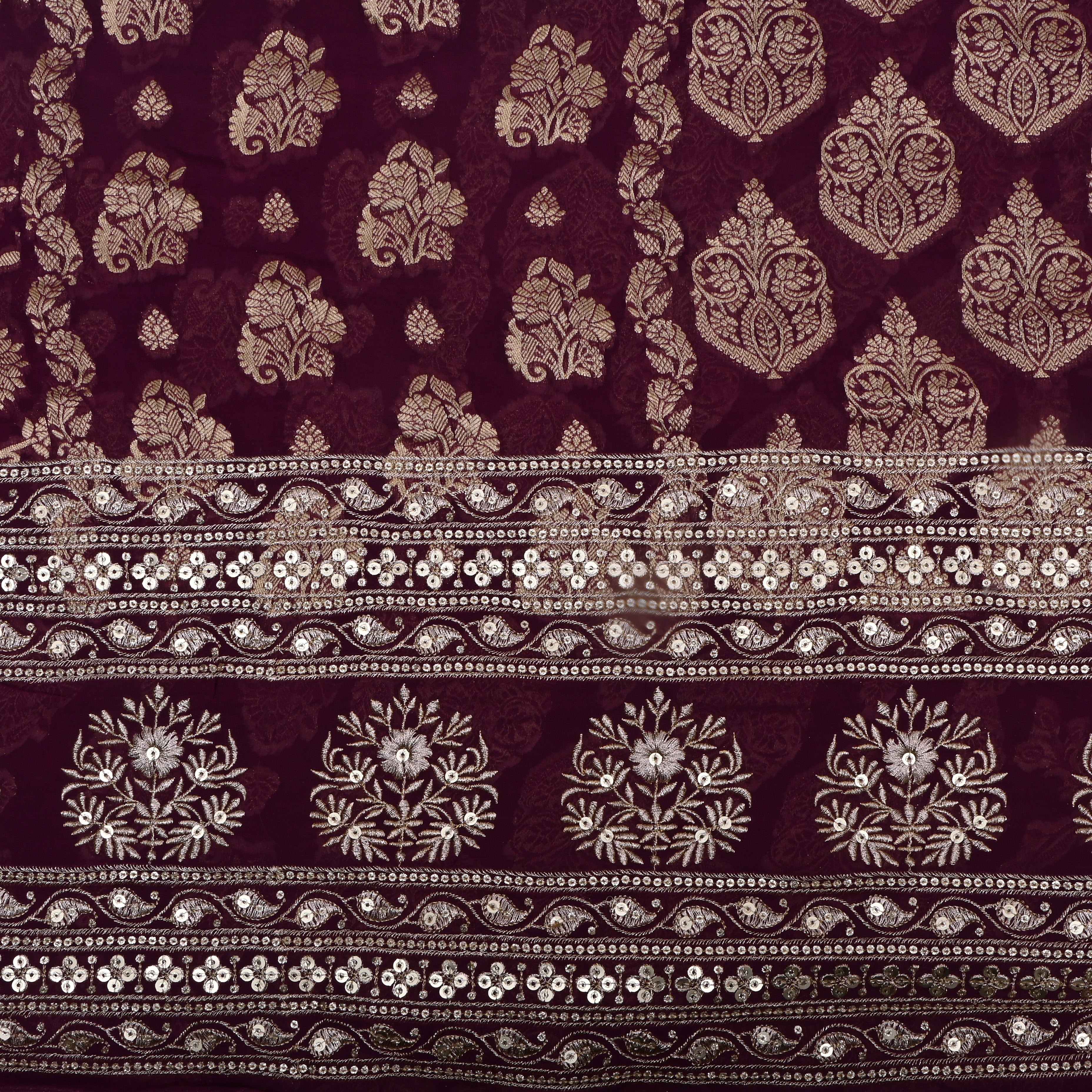 Plum Purple Floral Jamawar Organza Fabric