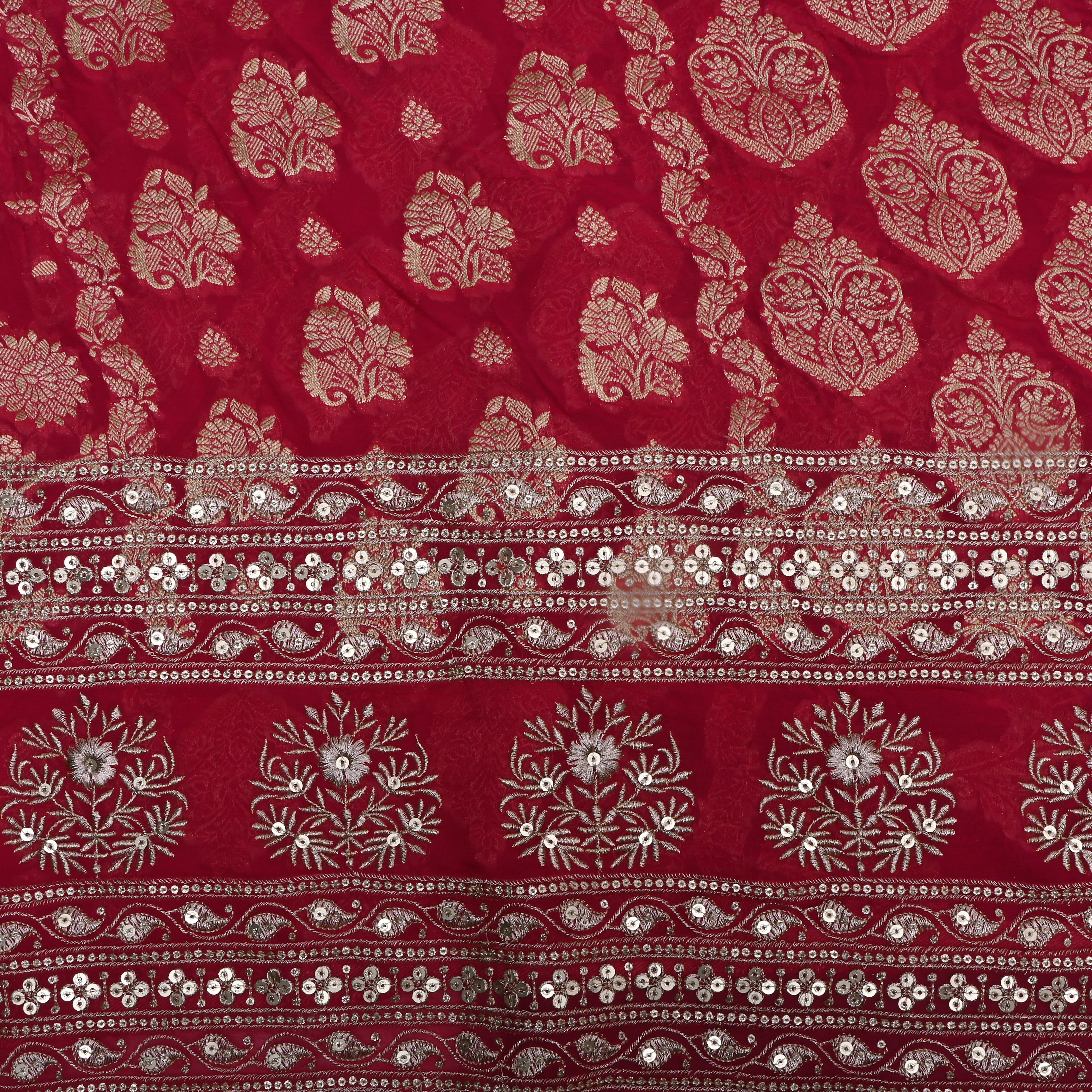 Reddish Pink Floral Jamawar Organza Fabric