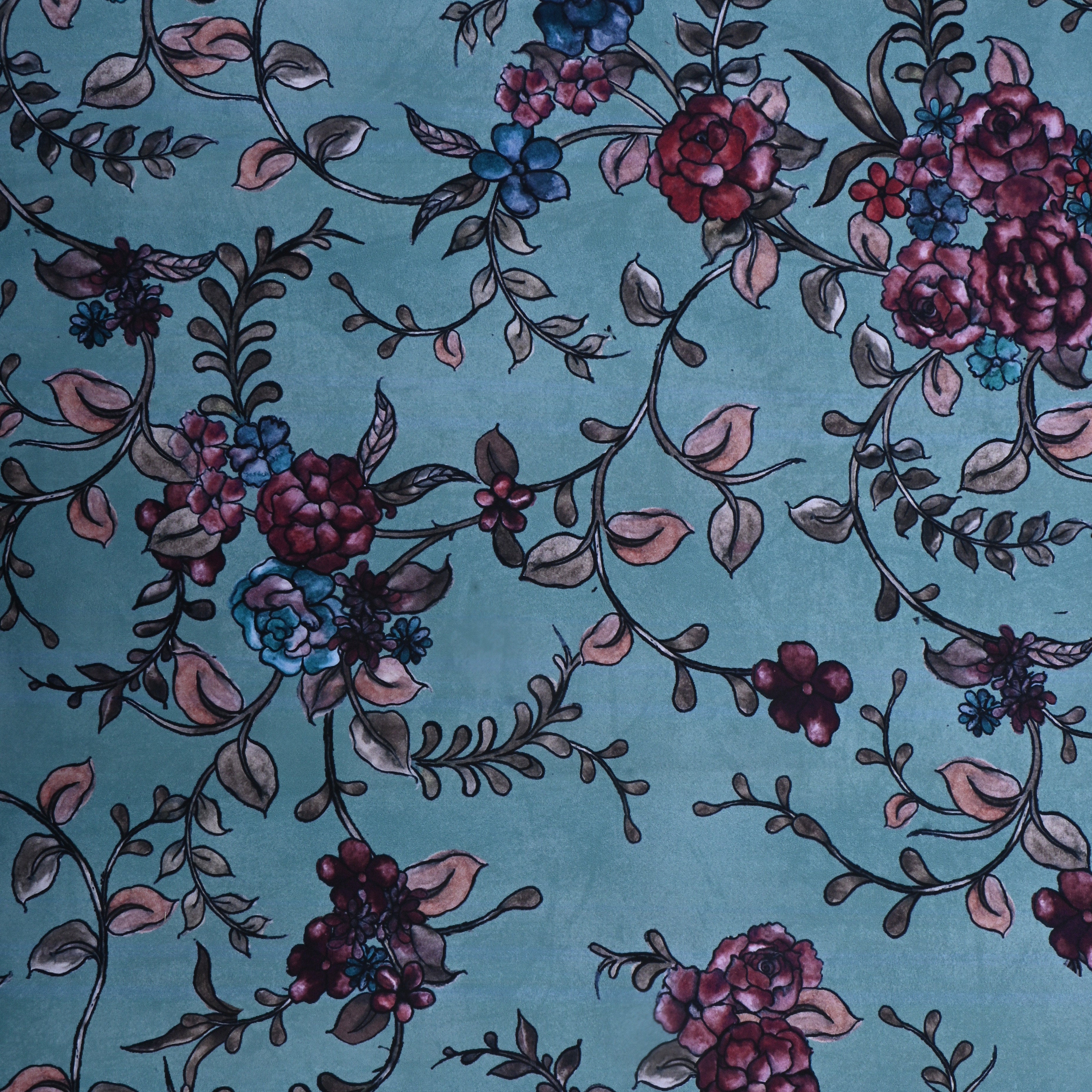 Turquoise Blue Floral Printed Silk Fabric