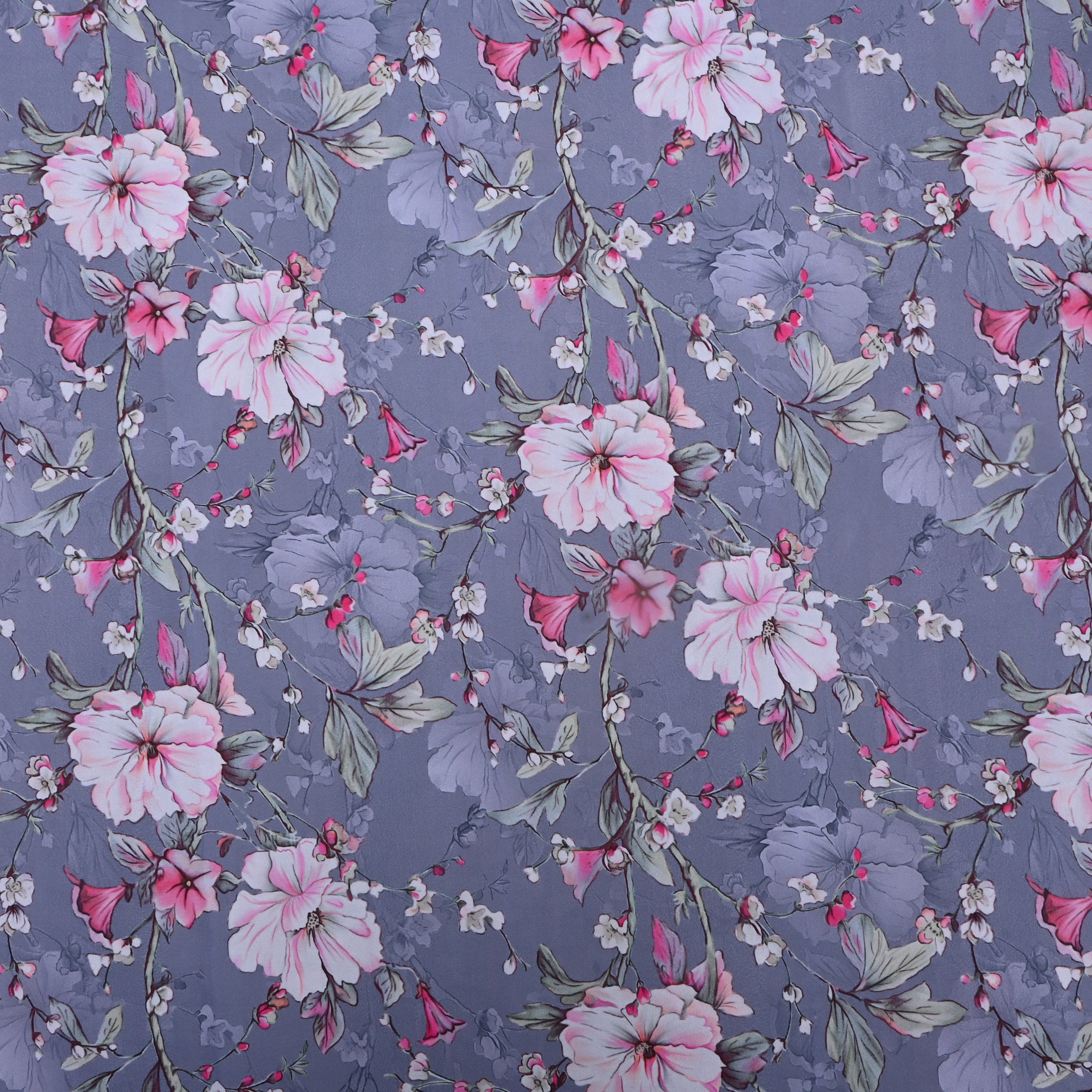 Grey Floral Printed Silk Fabric