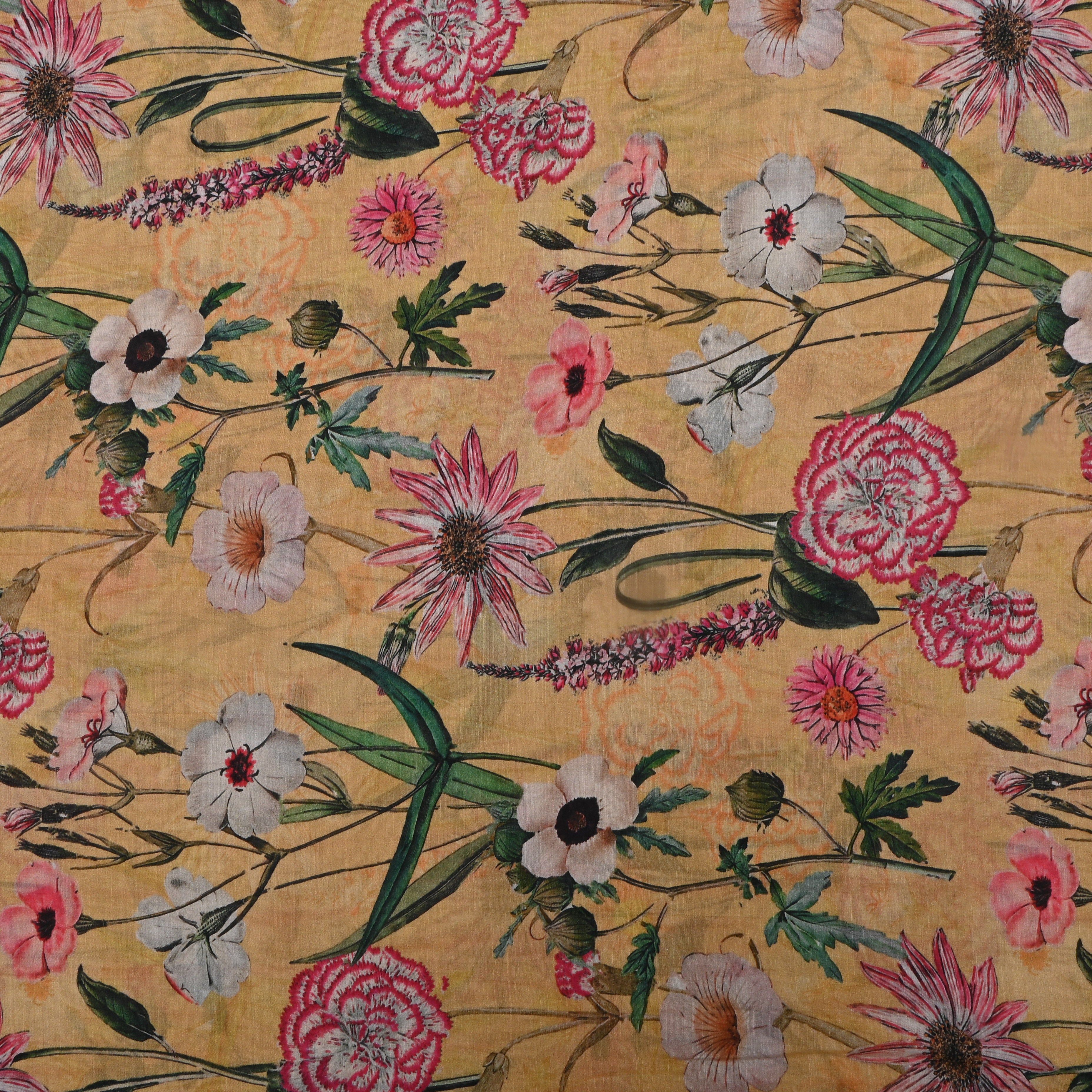 Muted Yellow Floral Printed Silk Fabric