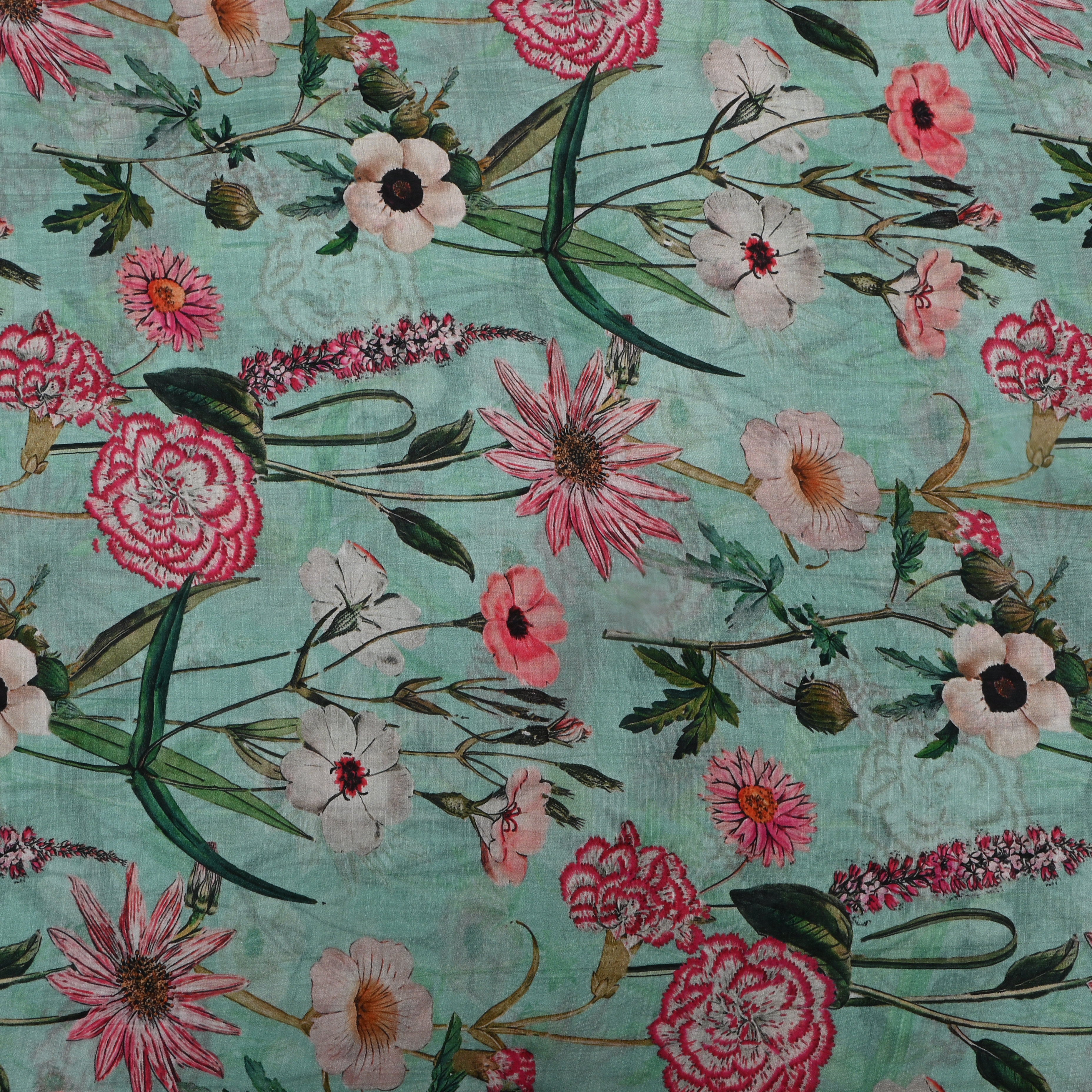 Aqua Green Floral Printed Silk Fabric