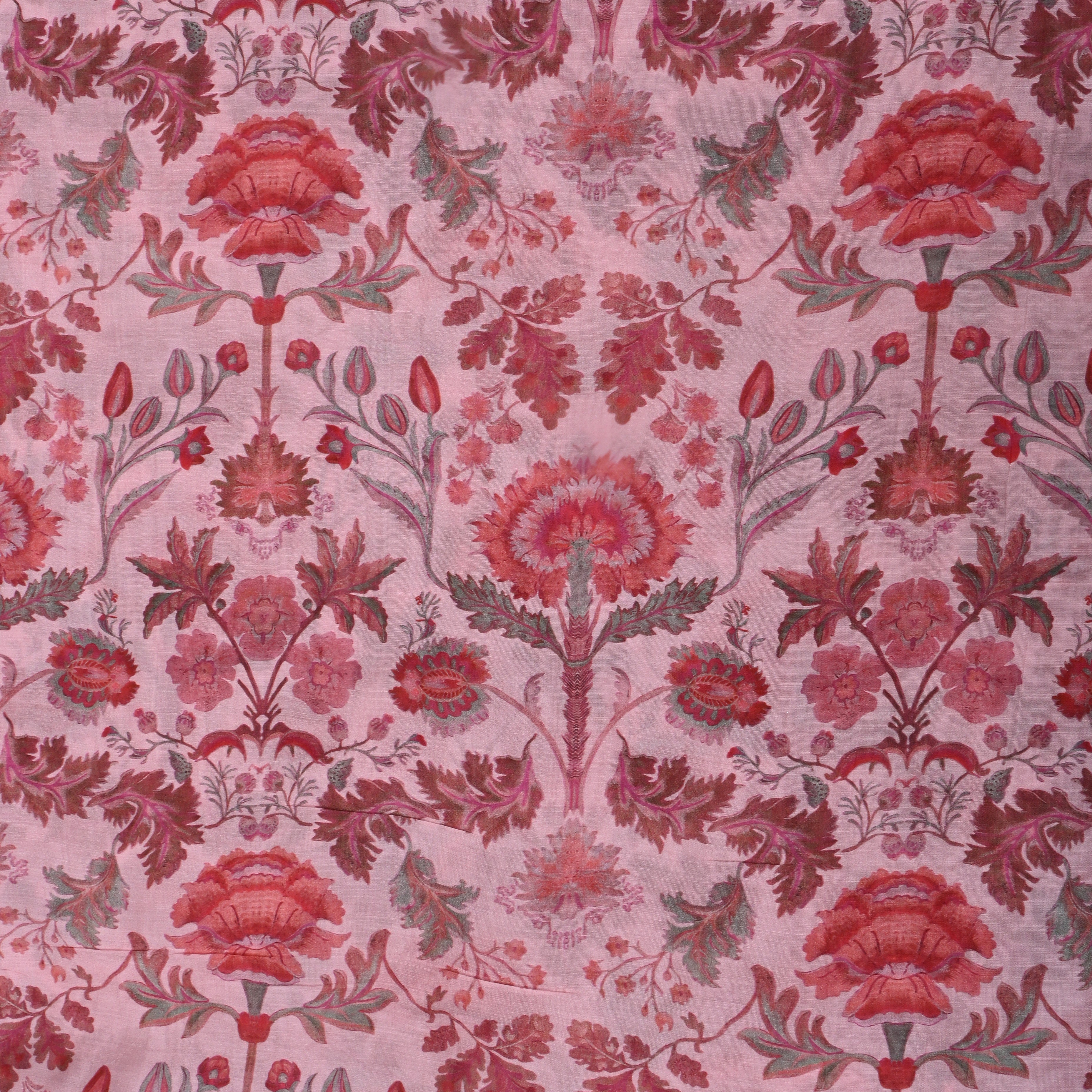 Flamingo Pink Floral Printed Chanderi Fabric