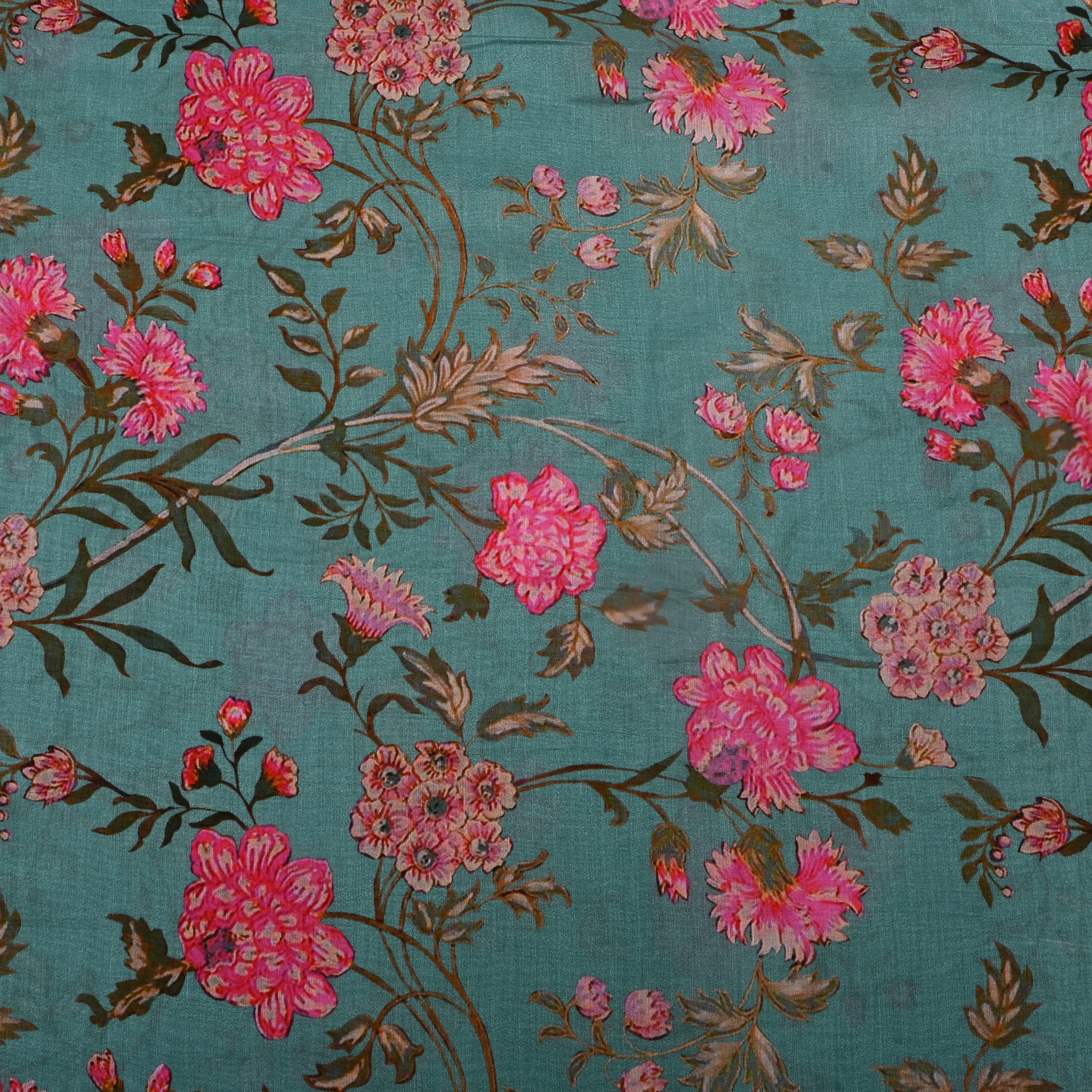 Persian Green Floral Printed Silk Fabric