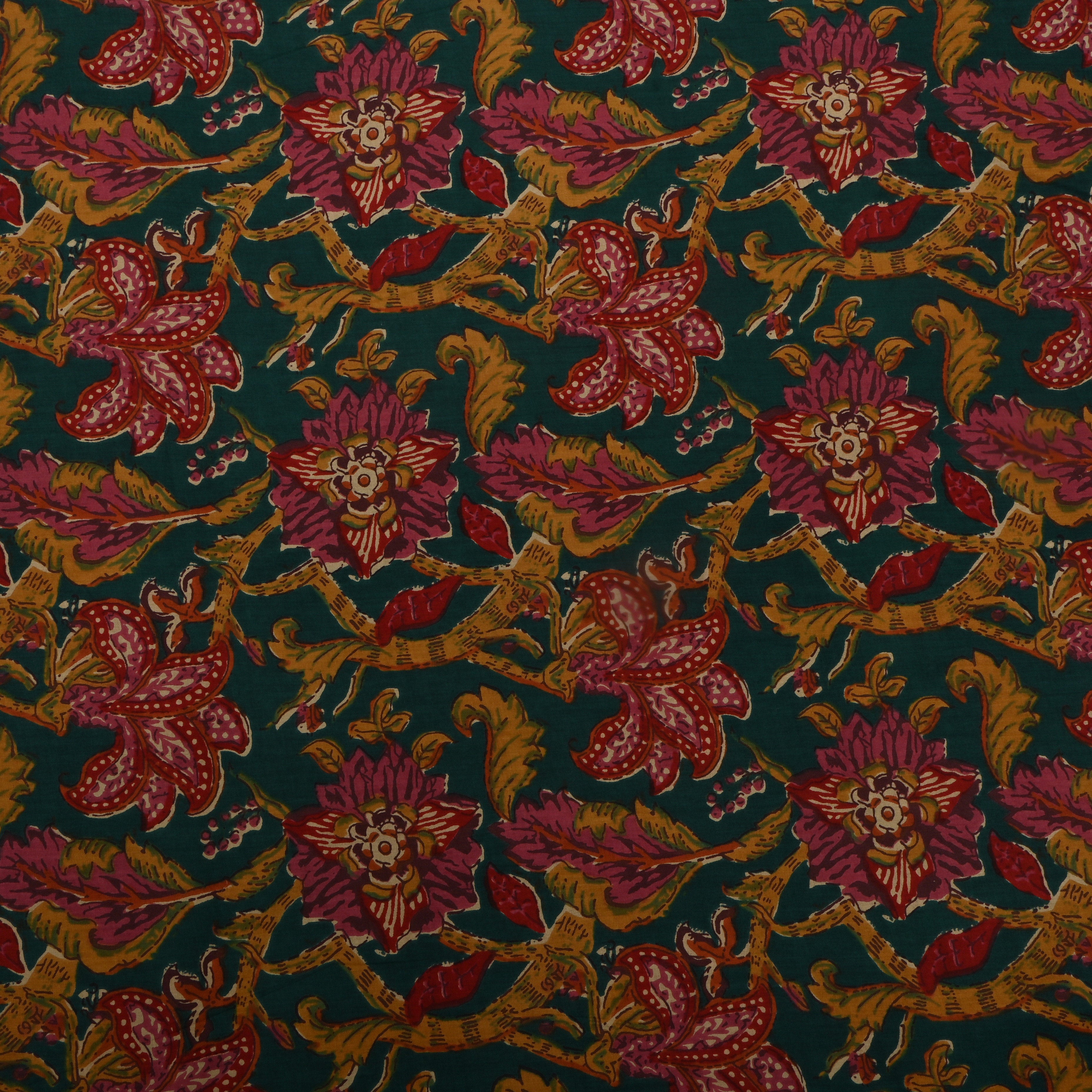 Dark Teal Blue Floral Printed Cotton Fabric