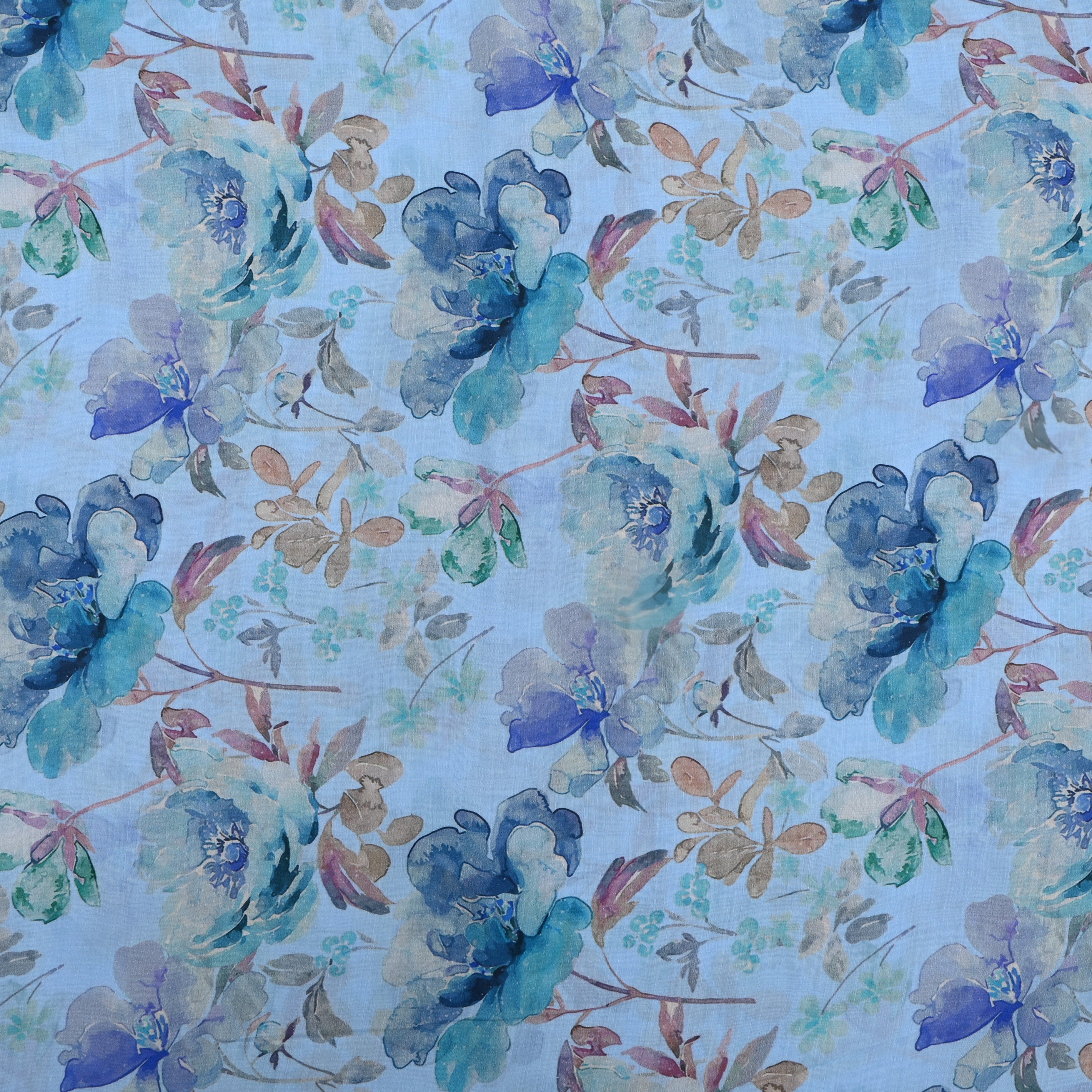 Baby Blue Floral Printed Silk Fabric